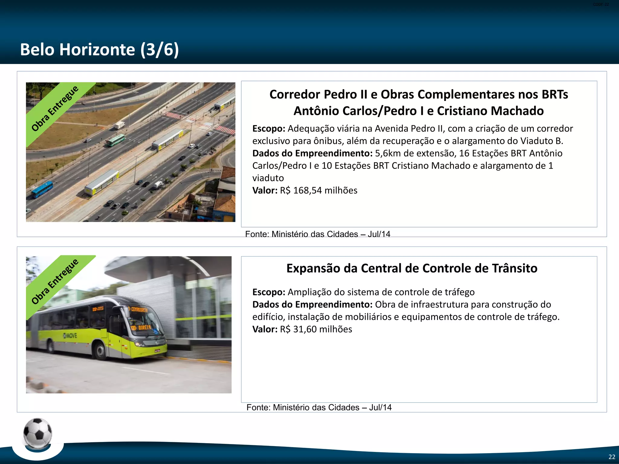 CODE-22
22
Recife (2/5)
Corredor Caxangá (Leste / Oeste)
Escopo: Corredor de BRT conectando a Praça do Derby ao Terminal Integrado de
Camaragibe.
Dados do Empreendimento: 12,5 km de extensão, 20 estações e 2 terminais.
Valor: R$ 88,10 milhões
Escopo Entregue: 78% - 10 km de via e 11 estações.
Escopo Adiado: 2,5 km de via, 2 Terminais e 9 estações
Terminal Integrado Cosme e Damião
Escopo: Implantação de terminal de ônibus
Dados do Empreendimento: Terminal de ônibus integrado com a estação de
metrô Cosme e Damião.
Valor: R$ 19,10 milhões
Fonte: Ministério das Cidades – Jul/14
Fonte: Ministério das Cidades – Jul/14
 