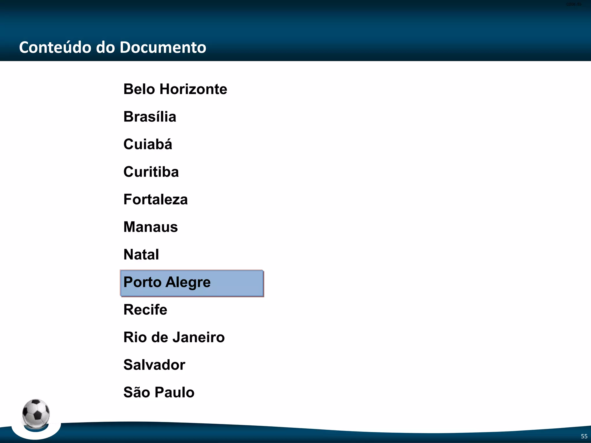 CODE-55
55
Curitiba (1/6)
Complexo Esportivo Curitiba
Escopo: Reforma e ampliação do estádio
Capacidade: 42.381 lugares
Valor: R$ 326,70 milhões
Fonte: ME e Clube Atlético Paranaense – Jul/14
Sistema Integrado de Monitoramento – Municipal/Estadual
Escopo: Modernização do sistema de controle e monitoramento de tráfego de
veículos em sete municípios da RM de Curitiba.
Dados do Empreendimento: Implantação e modernização do sistema de controle
e monitoramento do tráfego de veículos.
Valor: R$ 82,00 (Município: R$ 61,60 mi / Estado: R$ 20,40 mi)
Escopo Entregue: 97% do escopo da Prefeitura e 52% do Estado (Equipamentos).
Escopo adiado: 3% do escopo da Prefeitura e 48% do Estado (Ampliação do
edifício e equipamentos).
Fonte: Ministério das Cidades – Jul/14
 