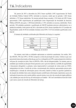 154
7.6. Indicadores
	 De janeiro de 2011 a dezembro de 2014, foram recebidos 3.091 requerimentos de Título
de Utilidade Pública Federal (UPF), incluindo os recursos, sendo que no período, 1.683 foram
deferidos e 737 foram indeferidos. No mesmo período foram cassados 1.519 títulos de UPF. Foram
apresentados 2.903 requerimentos de qualificação como Organização da Sociedade de Interesse
Público (OSCIP), das quais, 1.308 foram deferidos e 1.595, incluídos os recursos, indeferidos. Neste
período, 198 entidades perderam a qualificação de OSCIP (mediante processo administrativo ou a
pedido da entidade). Entre janeiro de 2011 e dezembro de 2014, foram expedidas 46.157 Certidões de
Regularidade, sendo 38.542 de entidades tituladas como UPF e 7.615 de entidades qualificadas como
OSCIP.
	 O número de entidades certificadas pelo Ministério da Justiça é o seguinte:
OSCIPs 6.796
UPFs 12.194
OEs 107
Sem qualificação 736
TOTAL 19.833
*Dados de 14/10/2014
	 No entanto, nem todas as entidades apresentam os relatórios anualmente. Em média, 30%
das OSCIPs, 70% das UPFs e 30 OEs cumprem a rotina da prestação de contas. Estima-se que esse
percentualestejarelacionadoaofatodeque,porLei,éobrigatórioàsUPFsaapresentaçãodosrelatórios
sob pena de cassação do título. Para as OSCIPs e OEs, não há obrigatoriedade. No entanto, para as
entidades que mantém ou desejam firmar parcerias com o governo federal, a certidão de regularidade
é documento obrigatório e, portanto, torna imprescindível a prestação de contas junto ao CNES,
independente do título. A tarefa de revisão e reestruturação dos relatórios apresentados prezou pela
simplificação e retirada de informações pouco relevantes, dando-se ênfase às questões qualitativas
da atuação da entidade, bem como redução da parte contábil para informações importantes acerca da
realização de parcerias com o poder público, quesito muitas vezes alvo de consulta de órgãos públicos
e de cidadãos por meio do Serviço de Informação ao Cidadão – SIC da Controladoria Geral da União
e por outros canais de consulta do Ministério da Justiça.
 