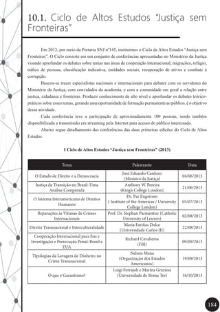 184
10.1. Ciclo de Altos Estudos “Justiça sem
Fronteiras”
	 Em 2013, por meio da Portaria SNJ nº145, instituímos o Ciclo de Altos Estudos “Justiça sem
Fronteiras”. O Ciclo consiste em um conjunto de conferências apresentadas no Ministério da Justiça
visando aprofundar os debates sobre temas nas áreas de cooperação internacional, migrações, refúgio,
tráfico de pessoas, classificação indicativa, entidades sociais, recuperação de ativos e combate à
corrupção.
	 Buscou-se trazer especialistas nacionais e internacionais para debater com os servidores do
Ministério da Justiça, com convidados da academia, e com a comunidade em geral a relação entre
justiça, cidadania e fronteiras. Produzir conhecimento de alto nível e aprofundar os debates teórico-
práticos sobre esses temas, gerando uma oportunidade de formação permanente ao público, é o objetivo
dessa atividade.
	 Cada conferência teve a participação de aproximadamente 100 pessoas, sendo também
disponibilizada a transmissão em streaming pela Internet para acesso do público interessado.
	 Abaixo segue detalhamento das conferências das duas primeiras edições do Ciclo de Altos
Estudos.
I Ciclo de Altos Estudos “Justiça sem Fronteiras” (2013)
Tema Palestrante Data
O Estado de Direito e a Democracia
José Eduardo Cardozo
(Ministro da Justiça)
04/06/2013
Justiça de Transição no Brasil: Uma
Análise Comparada
Anthony W. Pereira
(King’s College London)
21/06/2013
O Sistema Interamericano de Direitos
Humanos
Dr. Par Engstrom
( Institute of the Americas / University
College London)
05/07/2013
Reparações às Vitimas de Crimes
Internacionais
Prof. Dr. Stephan Parmentier (Catholic
University of Leuven)
02/08/2013
Direito Transnacional e Interculturalidade
Maria Fariñas Dulce
(Universidade Carlos III)
22/08/2013
Cooperação Internacional para fins e
Investigação e Persecução Penal: Brasil e
EUA
Richard Cavalieros
(FBI)
09/09/2013
Tipologias da Lavagem de Dinheiro no
Crime Transnacional
Nelson Mena
(Organização dos Estados
Americanos)
19/09/2013
O que é Garantismo?
Luigi Ferrajoli e Marina Graziosi
(Universidade de Roma Tre) 16/10/2013
 