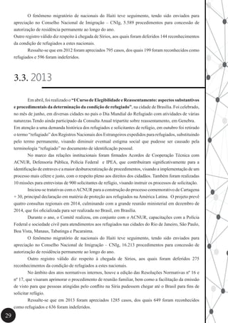 29
	 O fenômeno migratório de nacionais do Haiti teve seguimento, tendo sido enviados para
apreciação no Conselho Nacional de Imigração – CNIg, 5.589 procedimentos para concessão de
autorização de residência permanente ao longo do ano.
Outro registro válido diz respeito à chegada de Sírios, aos quais foram deferidos 144 reconhecimentos
da condição de refugiados a estes nacionais.
	 Ressalte-se que em 2012 foram apreciados 795 casos, dos quais 199 foram reconhecidos como
refugiados e 596 foram indeferidos.
3.3. 2013
	 Em abril, foi realizado o “I Curso de Elegibilidade e Reassentamento: aspectos substantivos
e procedimentais da determinação da condição de refugiado”, na cidade de Brasília. Foi celebrado,
no mês de junho, em diversas cidades no país o Dia Mundial do Refugiado com atividades de várias
naturezas.Tendo ainda participado da Consulta Anual tripartite sobre reassentamento, em Genebra.
Em atenção a uma demanda histórica dos refugiados e solicitantes de refúgio, em outubro foi retirado
o termo “refugiado” dos Registros Nacionais dos Estrangeiros expedidos para refugiados, substituindo
pelo termo permanente, visando diminuir eventual estigma social que pudesse ser causado pela
terminologia “refugiado” no documento de identificação pessoal.
	 No marco das relações institucionais foram firmados Acordos de Cooperação Técnica com
ACNUR, Defensoria Pública, Polícia Federal e IPEA, que contribuíram significativamente para a
identificação de entraves e a maior desburocratização de procedimentos, visando a implementação de um
processo mais célere e justo, com o respeito pleno aos direitos dos cidadãos. Também foram realizadas
10 missões para entrevistas de 900 solicitantes de refúgio, visando instruir os processos de solicitação.
	 Iniciou-se tratativas com oACNUR para a construção do processo comemorativo de Cartagena
+ 30, principal declaração em matéria de proteção aos refugiados na América Latina. O projeto prevê
quatro consultas regionais em 2014, culminando com a grande reunião ministerial em dezembro de
2014, que foi oficializada para ser realizada no Brasil, em Brasília.
	 Durante o ano, o Comitê realizou, em conjunto com o ACNUR, capacitações com a Polícia
Federal e sociedade civil para atendimentos aos refugiados nas cidades do Rio de Janeiro, São Paulo,
Boa Vista, Manaus, Tabatinga e Pacaraíma.
	 O fenômeno migratório de nacionais do Haiti teve seguimento, tendo sido enviados para
apreciação no Conselho Nacional de Imigração – CNIg, 16.213 procedimentos para concessão de
autorização de residência permanente ao longo do ano.
	 Outro registro válido diz respeito à chegada de Sírios, aos quais foram deferidos 275
reconhecimentos da condição de refugiados a estes nacionais.
	 No âmbito dos atos normativos internos, houve a edição das Resoluções Normativas nº 16 e
nº 17, que visaram aprimorar o procedimento de reunião familiar, bem como a facilitação da emissão
de visto para que pessoas atingidas pelo conflito na Síria pudessem chegar até o Brasil para fins de
solicitar refúgio.
	 Ressalte-se que em 2013 foram apreciados 1285 casos, dos quais 649 foram reconhecidos
como refugiados e 636 foram indeferidos.
 