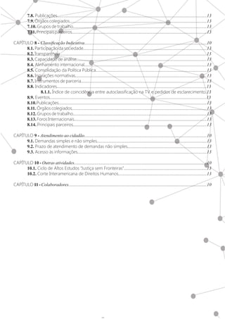 7.8. Publicações....................................................................................................................................13
	7.9.Órgãos colegiados.........................................................................................................................13
	7.10. Grupos de trabalho......................................................................................................................13
	7.11.Principaisparceiros.......................................................................................................................13
CAPÍTULO 8 - Classificação Indicativa............................................................................................................10
	8.1. Participação da sociedade.............................................................................................................13
	8.2.Transparência..................................................................................................................................13
	8.3. Capacidade de análise...................................................................................................................13
	8.4. Alinhamento internacional............................................................................................................13
	8.5. Consolidação da Política Pública..................................................................................................13
	8.6. Inovações normativas....................................................................................................................13
	8.7. Instrumentos de parceria...............................................................................................................13
	8.8. Indicadores....................................................................................................................................13
		8.1.1. Índice de coincidência entre autoclassificação na TV e pedidos de esclarecimento.13
	8.9. Eventos..........................................................................................................................................13
	8.10.Publicações...................................................................................................................................13
	8.11. Órgãos colegiados.......................................................................................................................13
	8.12. Grupos de trabalho......................................................................................................................13
	8.13. Foros Internacionais.....................................................................................................................13
	8.14. Principais parceiros......................................................................................................................13
CAPÍTULO 9 - Atendimento ao cidadão............................................................................................................10
	9.1. Demandas simples e não simples.................................................................................................13
	9.2. Prazo de atendimento de demandas não simples......................................................................13
	9.3. Acesso às informações..................................................................................................................13
CAPÍTULO 10 - Outras atividades.....................................................................................................................10
	10.1. Ciclo de Altos Estudos “Justiça sem Fronteiras”.........................................................................13
	10.2. Corte Interamericana de Direitos Humanos..............................................................................13
CAPÍTULO 11-Colaboradores..........................................................................................................................10
 