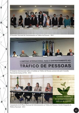 62
II Encontro Nacional de Enfrentamento ao Tráfico de Pessoas - 2011
II Simpósio Internacional sobre o Combate ao Tráfico de Pessoas, promovido pelo Conselho
Nacional de Justiça (CNJ) - 2012
Lançamento do II Plano Nacional de Enfrentamento ao Tráfico de Pessoas e Gestão Integrada da
Política Nacional - 2013
 