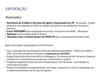 • Seminário de Crédito e Serviços de apoio à Exportação em PE - 62 pessoas . Projeto
piloto que será repetido em 2016 nas cidades de Santa Cruz do Capibaribe, Araripina e
Petrolina
• Curso SISCOSERV para exportação de serviços, em parceria com MDIC - 40 pessoas
• Palestras nas Faculdades ASCES e Damas
• Reuniões com o Comitê Gestor do PNCE-PE para o planejamento do PNCE 2016
Apoio, articulação e participação no Comitê Gestor:
• Para a realização de novo Projeto de Extensão Industrial Exportadora – PEIEX, entre APEX e
UFPE. Contrato assinado em novembro. Lançamento em fev/2016
• Projeto Setorial do Gesso entre APEX e Sindusgesso. 35 empresas do APL do Gesso. Projeto já
iniciado com o treinamento da equipe que irá administrar o projeto.
• Programa Integrado de Extensionismo Industrial para o APL do Gesso – participação na
construção do projeto
• Projeto Consolidação de Carga Marítima: com Suape + parceiros. Em fase de divulgação com
a cadeia de prestadores de serviços de logística
EXPORTAÇÃO
Realizações:
 