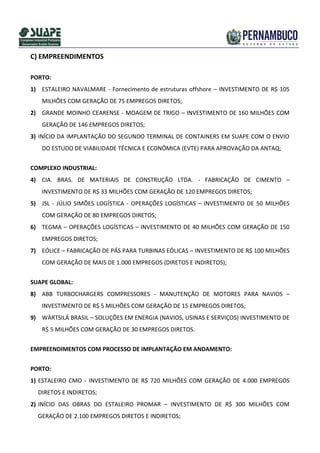 C) EMPREENDIMENTOS

PORTO:
1) ESTALEIRO NAVALMARE - Fornecimento de estruturas offshore – INVESTIMENTO DE R$ 105
   MILHÕES COM GERAÇÃO DE 75 EMPREGOS DIRETOS;
2) GRANDE MOINHO CEARENSE - MOAGEM DE TRIGO – INVESTIMENTO DE 160 MILHÕES COM
   GERAÇÃO DE 146 EMPREGOS DIRETOS;
3) INÍCIO DA IMPLANTAÇÃO DO SEGUNDO TERMINAL DE CONTAINERS EM SUAPE COM O ENVIO
   DO ESTUDO DE VIABILIDADE TÉCNICA E ECONÔMICA (EVTE) PARA APROVAÇÃO DA ANTAQ;


COMPLEXO INDUSTRIAL:
4) CIA. BRAS. DE MATERIAIS DE CONSTRUÇÃO LTDA. - FABRICAÇÃO DE CIMENTO –
   INVESTIMENTO DE R$ 33 MILHÕES COM GERAÇÃO DE 120 EMPREGOS DIRETOS;
5) JSL - JÚLIO SIMÕES LOGÍSTICA - OPERAÇÕES LOGÍSTICAS – INVESTIMENTO DE 50 MILHÕES
   COM GERAÇÃO DE 80 EMPREGOS DIRETOS;
6) TEGMA – OPERAÇÕES LOGÍSTICAS – INVESTIMENTO DE 40 MILHÕES COM GERAÇÃO DE 150
   EMPREGOS DIRETOS;
7) EÓLICE – FABRICAÇÃO DE PÁS PARA TURBINAS EÓLICAS – INVESTIMENTO DE R$ 100 MILHÕES
   COM GERAÇÃO DE MAIS DE 1.000 EMPREGOS (DIRETOS E INDIRETOS);


SUAPE GLOBAL:
8) ABB TURBOCHARGERS COMPRESSORES - MANUTENÇÃO DE MOTORES PARA NAVIOS –
   INVESTIMENTO DE R$ 5 MILHÕES COM GERAÇÃO DE 15 EMPREGOS DIRETOS;
9) WÄRTSILÄ BRASIL – SOLUÇÕES EM ENERGIA (NAVIOS, USINAS E SERVIÇOS) INVESTIMENTO DE
   R$ 5 MILHÕES COM GERAÇÃO DE 30 EMPREGOS DIRETOS.


EMPREENDIMENTOS COM PROCESSO DE IMPLANTAÇÃO EM ANDAMENTO:


PORTO:
1) ESTALEIRO CMO - INVESTIMENTO DE R$ 720 MILHÕES COM GERAÇÃO DE 4.000 EMPREGOS
  DIRETOS E INDIRETOS;
2) INÍCIO DAS OBRAS DO ESTALEIRO PROMAR – INVESTIMENTO DE R$ 300 MILHÕES COM
  GERAÇÃO DE 2.100 EMPREGOS DIRETOS E INDIRETOS;
 