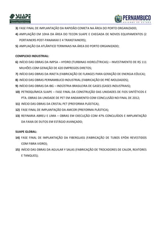 3) FASE FINAL DE IMPLANTAÇÃO DA RAPIDÃO COMETA NA ÁREA DO PORTO ORGANIZADO;
4) AMPLIAÇÃO EM 10HA DA ÁREA DO TECON SUAPE E CHEGADA DE NOVOS EQUIPAMENTOS (2
  PORTAINERS POST-PANAMAX E 4 TRANSTAINERS);
5) AMPLIAÇÃO DA ATLÂNTICO TERMINAIS NA ÁREA DO PORTO ORGANIZADO;


COMPLEXO INDUSTRIAL:
6) INÍCIO DAS OBRAS DA IMPSA – HYDRO (TURBINAS HIDRELÉTRICAS) – INVESTIMENTO DE R$ 111
  MILHÕES COM GERAÇÃO DE 420 EMPREGOS DIRETOS;
7) INÍCIO DAS OBRAS DA IRAETA (FABRICAÇÃO DE FLANGES PARA GERAÇÃO DE ENERGIA EÓLICA);
8) INÍCIO DAS OBRAS PERNAMBUCO INDUSTRIAL (FABRICAÇÃO DE PRÉ-MOLDADOS);
9) INÍCIO DAS OBRAS DA IBG – INDÚSTRIA BRASILEIRA DE GASES (GASES INDUSTRIAIS);
10) PETROQUÍMICA SUAPE – FASE FINAL DA CONSTRUÇÃO DAS UNIDADES DE FIOS SINTÉTICOS E
   PTA. OBRAS DA UNIDADE DE PET EM ANDAMENTO COM CONCLUSÃO NO FINAL DE 2012;
11) INÍCIO DAS OBRAS DA CRISTAL PET (PREFORMA PLÁSTICA);
12) FASE FINAL DE IMPLANTAÇÃO DA AMCOR (PREFORMA PLÁSTICA);
13) REFINARIA ABREU E LIMA – OBRAS EM EXECUÇÃO COM 47% CONCLUÍDOS E IMPLANTAÇÃO
   DA FAIXA DE DUTOS EM ESTÁGIO AVANÇADO;


SUAPE GLOBAL:
14) FASE FINAL DE IMPLANTAÇÃO DA FIBERGLASS (FABRICAÇÃO DE TUBOS EPÓXI REVESTIDOS
   COM FIBRA VIDRO);
15) INÍCIO DAS OBRAS DA AGUILAR Y SALAS (FABRICAÇÃO DE TROCADORES DE CALOR, REATORES
   E TANQUES);
 