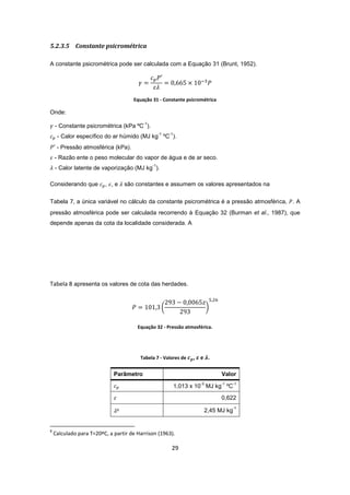 29
5.2.3.5 Constante psicrométrica
A constante psicrométrica pode ser calculada com a Equação 31 (Brunt, 1952).
Equação 31 - Constante psicrométrica
Onde:
- Constante psicrométrica (kPa ºC
-1
).
- Calor específico do ar húmido (MJ kg
-1
ºC
-1
).
- Pressão atmosférica (kPa).
- Razão ente o peso molecular do vapor de água e de ar seco.
- Calor latente de vaporização (MJ kg
-1
).
Considerando que , , e são constantes e assumem os valores apresentados na
Tabela 7, a única variável no cálculo da constante psicrométrica é a pressão atmosférica, . A
pressão atmosférica pode ser calculada recorrendo à Equação 32 (Burman et al., 1987), que
depende apenas da cota da localidade considerada. A
Tabela 8 apresenta os valores de cota das herdades.
Equação 32 - Pressão atmosférica.
Tabela 7 - Valores de , e .
Parâmetro Valor
1,013 x 10
-3
MJ kg
-1
ºC
-1
0,622
8 2,45 MJ kg
-1
8
Calculado para T=20ºC, a partir de Harrison (1963).
 