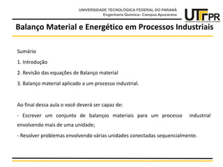 introdução ao Balanço material e energético de processos industriais | PPTX