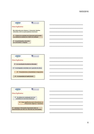 18/03/2016
6
Notas Explicativas
São elaboradas para destacar e interpretar detalhes
relevantes, entre os quais podemos mencionar:
1º - Critérios de avaliação dos elementos patrimoniais
e os efeitos da mudança de critério de avaliação
2º - As participações relevantes
em controladas e coligadas
Notas Explicativas
3º - As reavaliações facultativas efetuadas
4º - As obrigações contraídas com a garantia de ativos
5º - Financiamentos e empréstimos a longo prazo
6º - A composição do Capital Social
7º - Os efeitos da constatação de erros
cometidos em exercícios anteriores
Notas Explicativas
8º - Fatos significativos que influenciaram ou
influenciarão negócios e resultados
9º - Quaisquer informações importantes sobre as
demonstrações que deva ser oferecida aos interessados
 