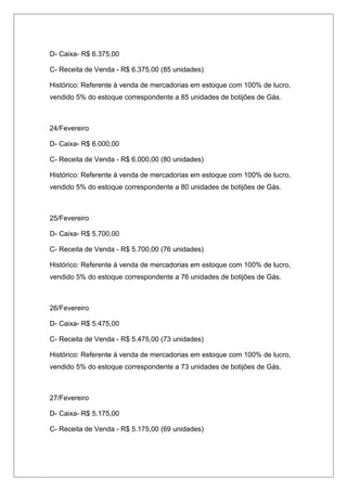 D- Caixa- R$ 6.375,00
C- Receita de Venda - R$ 6.375,00 (85 unidades)
Histórico: Referente à venda de mercadorias em estoque com 100% de lucro,
vendido 5% do estoque correspondente a 85 unidades de botijões de Gás.
24/Fevereiro
D- Caixa- R$ 6.000,00
C- Receita de Venda - R$ 6.000,00 (80 unidades)
Histórico: Referente à venda de mercadorias em estoque com 100% de lucro,
vendido 5% do estoque correspondente a 80 unidades de botijões de Gás.
25/Fevereiro
D- Caixa- R$ 5.700,00
C- Receita de Venda - R$ 5.700,00 (76 unidades)
Histórico: Referente à venda de mercadorias em estoque com 100% de lucro,
vendido 5% do estoque correspondente a 76 unidades de botijões de Gás.
26/Fevereiro
D- Caixa- R$ 5.475,00
C- Receita de Venda - R$ 5.475,00 (73 unidades)
Histórico: Referente à venda de mercadorias em estoque com 100% de lucro,
vendido 5% do estoque correspondente a 73 unidades de botijões de Gás.
27/Fevereiro
D- Caixa- R$ 5.175,00
C- Receita de Venda - R$ 5.175,00 (69 unidades)
 