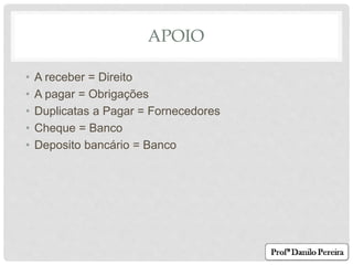 APOIO
• A receber = Direito
• A pagar = Obrigações
• Duplicatas a Pagar = Fornecedores
• Cheque = Banco
• Deposito bancário = Banco
 