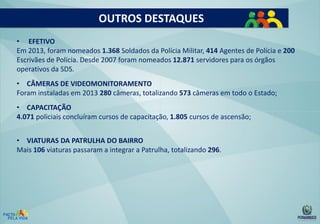 OUTROS DESTAQUES
• EFETIVO
Em 2013, foram nomeados 1.368 Soldados da Polícia Militar, 414 Agentes de Polícia e 200
Escrivães de Polícia. Desde 2007 foram nomeados 12.871 servidores para os órgãos
operativos da SDS.
• CÂMERAS DE VIDEOMONITORAMENTO
Foram instaladas em 2013 280 câmeras, totalizando 573 câmeras em todo o Estado;
• CAPACITAÇÃO
4.071 policiais concluíram cursos de capacitação, 1.805 cursos de ascensão;
• VIATURAS DA PATRULHA DO BAIRRO
Mais 106 viaturas passaram a integrar a Patrulha, totalizando 296.

 