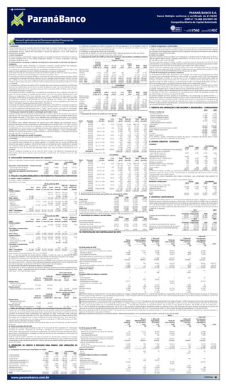 PARANÁ BANCO S.A.BANCO S.A.
                                                                                                                                                                                                                                                                                      PARANÁ
                                                                                                                                                                                                                          Banco Múltiplo conforme o certi cado o certi cado de 21/06/89
                                                                                                                                                                                                                                      Banco Múltiplo conforme de 21/06/89
                                                                                                                                                                                                                                                CNPJ nº 14.388.334/0001-99
                                                                                                                                                                                                                                                             CNPJ nº 14.388.334/0001-99
                                                                                                                                                                                                                                     Companhia Aberta de Capital Autorizado Autorizado
                                                                                                                                                                                                                                                 Companhia Aberta de Capital




          Notas Explicativas às Demonstrações Financeiras
          Semestres findos em 30 de junho de 2010 e 2009 (Em milhares de reais)

i. Imobilizado                                                                                                    (a.1) Refere-se a operações de crédito consignado em folha de pagamento. No consolidado o saldo de                   f. Créditos renegociados e refinanciados
Demonstrado pelo custo de aquisição, deduzido da depreciação acumulada. A depreciação é calculada pelo            resultados de exercícios futuros foi reclassificado para a rubrica de operações de crédito com vista à               O saldo dos créditos refinanciados e renegociados em 30 de junho de 2010 era de R$ 588.483 (R$ 557.279
método linear, observando-se as seguintes taxas anuais: 4% para imóveis de uso; 10% para móveis e                 apresentação da carteira pela taxa efetiva da operação.                                                              em 2009). O saldo apresentado foi apurado com base nos critérios descritos na Resolução BACEN 2.682/99,
equipamentos de uso; sistemas de comunicação e sistema de segurança; e 20% para sistema de                        (a.2) Refere-se a operações de crédito não consignadas.                                                              que considera como renegociação qualquer acordo ou alteração nos prazos de vencimento e nas condições
processamento de dados.                                                                                           (a.3) Inclui R$ 18.378 (R$ 1.517 em 30 de junho de 2009), referente aquisição de crédito de terceiros.               de pagamento originalmente pactuadas.
j. Ativos Intangíveis                                                                                             (a.4) Valor de limite de crédito utilizado no formato crédito rotativo.                                              g. Cessão de créditos
Os ativos intangíveis compreendem os ágios apurados nas aquisições envolvendo combinação de negócios.             b. Composição da carteira de crédito por faixas de vencimento, tipo de cliente e atividade econômica                 Não foram realizadas cessões de créditos com coobrigação no semestre findo em 30 de junho de 2010. O
Os ativos intangíveis têm os seus valores recuperáveis testados, no mínimo, anualmente, caso haja                                                                                Banco                                                 saldo em aberto dessas cessões, realizadas anteriormente, em 30 de junho de 2010 é de R$ 53.339
indicadores de perda de valor.                                                                                                                                            Carteira a vencer                                            (R$ 180.968 em 30 de junho de 2009).
k. Outros passivos circulantes e exigíveis em longo prazo relacionados às operações de seguros e                                             Carteira                                                                                  Não foram realizadas cessões de créditos aos FIDCs no semestre findo em 30 de junho de 2010. Em 30 de
resseguros                                                                                                                                   vencida                                              Acima                                junho de 2009, no Consolidado, a carteira cedida aos FIDCs permanece registrada em operações de crédito
Demonstrados pelos valores conhecidos ou calculáveis, acrescidos, quando aplicável, dos respectivos                                       a partir de        Até 3        3 a 12         1a3         de 3         Total      Total     e os respectivos rendimentos são reconhecidos pro-rata temporis até a data do balanço.
encargos e variações monetárias incorridos, combinado com os seguintes aspectos:                                                         15 dias (b.1)      meses        meses           anos       anos          2010        2009     Existem acordos de cooperação para cessão de créditos com outras instituições financeiras, por períodos
• As receitas de comercialização diferidas são reconhecidas contabilmente pelo período de vigência das            Público Federal                    –           30             –           –            –           30          –     diversos, com valor máximo de até R$ 1.020.000. O saldo disponível não utilizado desses acordos em 30 de
apólices e estão registradas na rubrica “Débito de operações com seguros e resseguros”.                           Púb. Municipal                     –         166              –           –            –          166          –     junho de 2010 era de R$ 923.919 (R$ 545.016 em 30 de junho de 2009).
As provisões técnicas são constituídas de acordo com as determinações do CNSP e da SUSEP, cujos critérios,        Indústria                     2.516        6.831        3.827           387            –      13.561       9.126     h. Fundo de investimento em direitos creditórios
parâmetros e fórmulas são documentados em notas técnicas atuariais - NTA.                                         Comércio                        537       12.030        2.123            80            –      14.770      10.175     Em 18 de agosto de 2009 o FIDC Paraná Banco I foi encerrado, cuja carteira de 6.150 operações de crédito
• A provisão de prêmios não ganhos (PPNG) é constituída pelo valor bruto dos prêmios de seguro retidos            Serviços                     10.628       49.836       47.573        35.745            –     143.782      79.923     consignado foram recompradas pelo Banco a valor contábil, no montante de R$ 3.526. Essas operações
correspondente ao período restante de cobertura do risco, calculada linearmente pelo método “pro rata             Pessoa física              116.532 147.841 323.745                 498.351 197.800 1.304.269 994.642                 estavam classificadas, no fundo, no nível de risco H e por conseqüência uma provisão para crédito de
dia”. A PPNG inclui um valor que corresponde aos prêmios estimados dos riscos vigentes, mas não emitidos          Total - 2010               130.213 216.734 377.268                 534.563 197.800 1.456.578 1.093.866               liquidação duvidosa de R$ 3.526 havia sido constituída. A recompra dessas operações provocou no
(“RVNE”). Esta provisão está sendo constituída conforme cálculo atuarial atendendo ao disposto na Circular        Total - 2009               110.912 129.442 282.499                 429.333 141.680 1.093.866                         segundo semestre de 2009, no Banco, a constituição de provisão no montante de R$ 6.400, incluindo o
nº 379/2008;                                                                                                      (b.1) Classificado no Ativo Circulante. Esses valores estão representados pelo saldo total das parcelas em atraso.   efeito de considerar todas as parcelas/contratos em aberto no pior rating (efeito arrasto).
• A provisão de insuficiência de prêmios (PIP) é calculada para cobrir possíveis insuficiências da PPNG para                                                                     Consolidado                                           Em 15 de março de 2010 o FIDC Paraná Banco II foi encerrado, cuja carteira de 7.026 operações de crédito
fazer face aos compromissos futuros com os contratos de seguro em vigor. A PIP é calculada de acordo com                                                                  Carteira a vencer                                            consignado foram transferidas para o Banco através da dação dessas no montante de R$ 248 e R$ 7.212
metodologia própria descrita em nota técnica atuarial. Para os semestres findos em 30 de junho de 2010 e                                     Carteira                                                                                  em espécie, totalizando assim o saldo do Banco de cotas subordinadas de R$ 7.460.
2009 não havia provisão a constituir;                                                                                                        vencida                                              Acima                                O efeito de considerar todas as parcelas/contratos em abertos no pior rating (efeito arrasto) foi antecipado
• A provisão de sinistros a liquidar (PSL) é constituída por estimativa de valor a indenizar com base nos                                 a partir de        Até 3        3 a 12         1a3        de 3          Total      Total     em dezembro de 2009 com a constituição de uma provisão para créditos de liquidação duvidosa das
avisos de sinistros recebidos, e ajustada periodicamente, com base nas análises efetuadas pelas áreas                                    15 dias (b.1)      meses        meses           anos       anos          2010        2009     operações cedidas ao fundo no montante de R$ 8.693.
técnicas da Seguradora. A PSL inclui estimativa para cobrir o pagamento de indenizações e custos                  Público Federal                    –           30             –           –            –           30          –     No primeiro semestre de 2010, quando do encerramento e da incorporação da carteira do FIDC II, a
associados, em decorrência de disputas judiciais em curso a qual é constituída com base nas notificações          Púb. Municipal                     –         166              –           –            –          166          –     provisão para crédito de liquidação duvidosa do Banco sofreu aumento de R$ 10.207 correspondente à
de ajuizamento recebidas e de processos em fase de regulação de sinistros, até a data-base das                    Indústria                     2.516        6.831        3.827           387            –      13.561       9.126     provisão já constituída no respectivo fundo e refletida anteriormente na atualização dos investimentos do
demonstrações financeiras. Seu valor é determinado com base nos critérios estabelecidos pela Resolução            Comércio                        537       12.030        2.123            80            –      14.770      10.175     Banco no fundo e, também, pela baixa de operações para contas de compensação no montante de R$
CNSP nº 162/2006 e alterada pela Resolução CNSP nº 181/2007; e                                                    Serviços                     10.268       49.836       47.573        35.745            –     143.782      79.923     8.339 em função dos prazos regulamentares. A provisão para crédito de liquidação duvidosa remanescente
• A provisão de sinistros ocorridos mas não avisados (IBNR) para o ramo DPVAT é constituída com base em           Pessoa física              116.532 141.579 317.484                 492.009 191.478 1.259.082 1.058.958               dessa carteira permanece registrada.
informações recebidas da Seguradora Líder dos Consórcios do Seguro DPVAT S.A. e leva em consideração              Total - 2010               130.213 210.472 371.007                 528.221 191.478 1.431.391 1.158.182
os critérios estabelecidos pela Resolução CNSP nº 174/07. Sobre a provisão constituída são capitalizados          Total - 2009               125.575 137.481 290.540                 462.906 141.680 1.158.182                         7. CRÉDITO DAS OPERAÇÕES COM SEGUROS E RESSEGUROS - CONSOLIDADO
encargos financeiros, os quais são registrados e classificados no grupo de “outras despesas operacionais”.        (b.1) Classificado no Ativo Circulante. Esses valores estão representados pelo saldo total das parcelas em                                                                                                 2010           2009
l. Provisão para imposto de renda e contribuição social sobre o lucro                                             atraso.                                                                                                              Prêmios a receber (a)
O Imposto de Renda e a Contribuição Social do semestre corrente e diferido são calculados com base nas            c. Composição da carteira de crédito por nível de risco                                                                Garantia financeira                                                                2.116         2.065
alíquotas de 15%, acrescidas do adicional de 10% sobre o lucro tributável anual excedente de R$ 240 mil,                                                                  Banco                                                          Garantia obrigações privadas                                                      17.693        13.130
para imposto de renda e 15% sobre o lucro tributável para contribuição social sobre o lucro líquido,                                                                                       2010                      2009                Garantia obrigações públicas                                                      27.848        57.640
e consideram a compensação de prejuízos fiscais e base negativa de contribuição social, limitada a 30% do                                            Atraso            % de           Total    Valor da          Total Valor da          Garantia concessões públicas                                                       7.040        17.229
lucro real.                                                                                                       Nível          Situação           em dias        provisão           geral provisão             geral provisão          Garantia judicial                                                                 32.593        42.327
Os impostos ativos diferidos decorrentes de prejuízo fiscal, base negativa da Contribuição Social e               AA               Normal                                   –             –            –             –           –       Crédito doméstico risco comercial                                                      –         1.515
diferenças temporárias foram constituídos em conformidade com a Instrução CVM nº 371, de 27 de junho              A                Normal                (c.1)          0,50 1.159.401            5.794       864.750        4.324       Retrocessão                                                                            1              1
de 2002, e consideram o histórico de rentabilidade e a expectativa de geração de lucros tributáveis futuros       B                Normal                                          147.738        1.477        78.240          782     Subtotal                                                                            87.291       133.907
fundamentados em estudo técnico de viabilidade aprovado pelos órgãos da administração. Esses estão                                Vencido        De 15 a 30             1,00        38.158          382        37.425          374     Participação nos lucros de resseguro cedido                                         16.507         9.465
apresentados nas rubricas “Outros créditos - Diversos” e “Outras obrigações - Fiscais e previdenciárias”          C                Normal                                           13.365          401        35.294        1.059     Outros créditos operacionais                                                        25.545         9.206
refletidos no resultado do período ou, quando aplicável, no patrimônio líquido e, constituídos nas mesmas                         Vencido        De 31 a 60             3,00        24.460          734        20.435          613     Total                                                                              129.343       152.578
alíquotas descritas no parágrafo anterior.                                                                        D                Normal                                               732           73        1.199          120     Circulante                                                                         112.946       117.619
m. Saldos de operações em moeda estrangeira                                                                                       Vencido        De 61 a 90            10,00        13.344        1.334        12.243        1.224     Exigível a longo prazo                                                              16.397        34.959
Demonstrados com base nas cotações vigentes na data do balanço.                                                   E                Normal                                               611         183            803         241     (a) Os prêmios a receber contemplam os prêmios de seguros e resseguros de          emissão direta e aceita,
n. Provisões                                                                                                                      Vencido      De 91 a 120             30,00         9.066        2.720         8.418        2.525     cosseguro aceito, bem com as operações de retrocessão.
Uma provisão é reconhecida no balanço quando o Banco ou suas subsidiárias possuem uma obrigação legal             F                Normal                                               508         254            532         266
ou constituída como resultado de um evento passado, e é provável que um recurso econômico seja                                    Vencido     De 121 a 150             50,00         7.611        3.806         6.318        3.159     8. OUTROS CRÉDITOS - DIVERSOS
requerido para saldar a obrigação. Adicionalmente para as contingências cíveis e trabalhistas é realizada         G                Normal                                               220         154            341         239     Circulante
uma avaliação individual das contingências com base no histórico de perdas independentemente da                                   Vencido     De 151 a 180             70,00         6.465        4.526         4.502        3.151                                                                     Banco                  Consolidado
classificação do risco. As provisões são registradas tendo como base as melhores estimativas do risco             H                Normal                                            3.790        3.790         1.795        1.795                                                              2010            2009         2010        2009
envolvido.                                                                                                                        Vencido     Acima de 180           100,00         31.109       31.109        21.571       21.571     Imposto de renda e contribuição social antecipados      5.427           6.912       11.636      14.715
Durante o semestre encerrado em 30 de junho de 2010, o Banco não identificou indicadores de que                               Total geral                                        1.456.578       56.737 1.093.866           41.443     Imposto de renda e contribuição
determinados ativos desta poderiam estar reconhecidos contabilmente por montantes acima do valor                  (c.1) - Inclui saldos em atraso até 14 dias.                                                                           social diferidos (nota 20)                          5.854            3.493        5.854          3.663
recuperável.                                                                                                                                                          Consolidado                                                      Outros impostos diferidos                                  –               –            –             19
                                                                                                                                                                                           2010                      2009              Adiantamentos diversos (c)                            4.061                –        4.089              –
4. APLICAÇÕES INTERFINANCEIRAS DE LIQUIDEZ                                                                                                           Atraso            % de           Total    Valor da          Total Valor da        Faturados a vencer - Mastercard (a)                       68           3.491           68          3.491
Refere-se a operações compromissadas e aplicações em depósitos interfinanceiros, conforme segue:                  Nível          Situação           em dias        provisão           geral provisão             geral provisão        Créditos de convênios (b)                             1.044            2.389        1.044          2.389
                                                          Banco                     Consolidado                   AA               Normal                                   –             –            –             –           –     Impostos a recuperar                                     490           2.208        2.106          3.314
                                                     2010            2009          2010         2009              A                Normal                (c.1)          0,50 1.134.214            5.794       908.530        4.349     Devedores diversos outras instituições                   471             196          471            196
Operações compromissadas - Posição bancada                                                                        B                Normal                                          147.738        1.477        79.051          790     Títulos e créditos a receber                             112               –          112              –
 Letras Financeiras do Tesouro                     76.209          19.999        76.209       24.770                              Vencido        De 15 a 30             1,00        38.158          382        40.487          405     Outros créditos                                          974             949        1.424         (1.398)
 Letras do Tesouro Nacional                        11.600                –       11.600            –              C                Normal                                           13.365          401        35.834        1.075     Total                                                18.501          19.638       26.804         29.185
Aplicações em depósitos interfinanceiros            3.826          10.264         3.826       10.264                              Vencido        De 31 a 60             3,00        24.460          734        22.067          662     (a) Refere-se a valores a receber, por faturamento emitido aos titulares de cartões de crédito. Esse valor
Total                                              91.635          30.263        91.635       35.034              D                Normal                                               732           73        1.555          155     representa a soma das faturas do mês, cujo saldo pode ser liquidado pelo valor total ou mínimo e, nesse
                                                                                                                                  Vencido        De 61 a 90            10,00        13.344        1.334        13.289        1.329     caso, financiado como crédito rotativo.
5. TÍTULOS E VALORES MOBILIÁRIOS E INSTRUMENTOS FINANCEIROS DERIVATIVOS                                           E                Normal                                               611         183         1.289          387     (b) Refere-se a valores repassados pelos órgãos conveniados, cuja compensação está pendente de
a. Títulos e valores mobiliários                                                                                                  Vencido      De 91 a 120             30,00         9.066        2.720         9.327        2.798     regularização.
Os títulos e valores mobiliários foram classificados na categoria disponíveis para venda e encontram-se           F                Normal                                               508         254            839         419     (c) Refere-se a adiantamentos de comissões e antecipações salariais.
apresentados como segue:                                                                                                          Vencido     De 121 a 150             50,00         7.611        3.806         7.102        3.551     Realizável a longo prazo                                     Banco                    Consolidado
                                                          30 de junho de 2010                                     G                Normal                                               220         154            736         515                                                            2010            2009         2010           2009
                                                        De 6                          Valor de     Ajuste no                      Vencido     De 151 a 180             70,00         6.465        4.526         5.165        3.615     Imposto de renda e contribuição
                                    Sem     Até 6 meses         Acima Valor de           custo patrimônio         H                Normal                                            3.790        3.790         4.773        4.773       social diferidos (Nota 19)                         19.588          13.700       19.590         13.869
Papel                      vencimento meses a 1 ano de 1 ano mercado corrigido                        líquido                     Vencido     Acima de 180           100,00         31.109       31.109        28.138       28.138     Depósitos judiciais                                      942           1.622          961          1.622
Carteira própria                                                                                                              Total geral                                        1.431.391       56.737 1.158.182           52.961     Outros impostos diferidos                                  –               –           13             20
  LFT (a.1)                            –          –        – 256.071 256.071 256.230                      (159)   (c.1) - Incluí saldos em atraso até 14 dias.                                                                         Outros                                                     –               –           37            106
  LTN (a.1)                            –          –        – 123.177 123.177 123.002                       175    d. Movimentação da provisão para perdas com operações de crédito                                                     Total                                                20.530          15.322       20.601         15.617
  Fundos (a.2)                   22.486           –        –          –      22.486 22.486                   –                                                                        Banco                     Consolidado
                                                                                                                                                                                2010            2009           2010           2009     9. DESPESAS ANTECIPADAS
Total - Banco                    22.486           –        – 379.248 401.734 401.718                        16
Carteira própria                                                                                                  Saldo inicial                                               59.778          38.264        67.304          49.290     As despesas antecipadas referem-se a comissão de intermediação de negócios, despesa de comercialização
  LFT (a.1)                            –    6.717      3.585 311.127 321.429 321.589                      (160)   Constituição                                                24.184          19.910        24.184          21.576     diferida de seguros e despesas de seguros e retrocessões. Esse último refere-se à PPNG ativa, e os demais a
  LTN (a.1)                            –          –        – 133.437 133.437 133.263                       174    Retorno operações FIDC II                                   10.207               –        10.207               –     valores pagos antecipadamente decorrentes de comissão de intermediação de negócios do Paraná Banco
  CDB/RDB (a.3)                        – 115.356 52.550 72.771 240.677 240.677                               –    Baixas operações FIDC II                                     (8.339)             –         (8.339)             –     S.A. e de comercialização de seguros, que estão sendo apropriados pelos prazos restantes dos contratos.
  Outras aplicações no IRB            54          –        –          –          54          54              –    Baixas                                                     (29.093)        (16.731)      (29.083)        (17.905)    A composição dos valores registrados pelo Paraná Banco S.A. e suas controladas em 30 de junho de 2010
  Fundos (a.2)                   78.411           –        –          –      78.411 78.411                   –    Saldo final                                                 56.737          41.443        56.737          52.961     e 2009 são as seguintes:
Total - Consolidado              78.465 122.073 56.135 517.335 774.008 773.994                              14    Recuperação de créditos baixados                              3.838          2.791          3.838          2.791     Banco                                                                2010                           2009
Efeitos tributários                                                                                          6    A provisão para perdas com créditos cedidos com coobrigação no montante de R$ 2.068 (R$ 3.601 em                                                                                        Realizável
Ajuste líquido no patrimônio líquido - Banco e Consolidado                                                   8    2009) está apresentada em “Outras obrigações - diversas” (vide nota explicativa 17).                                                                                   Circulante Longo prazo             Total           Total
                                                          30 de junho de 2009                                     e. Concentração de créditos e risco de crédito                                                                       Comissão de intermediação de negócios                 40.767          41.226        81.993         64.371
                                                        De 6                          Valor de     Ajuste no                                                                          Banco                     Consolidado            Total                                                 40.767          41.226        81.993         64.371
                                    Sem     Até 6 meses         Acima Valor de           custo patrimônio                                                                       2010            2009           2010           2009     Consolidado                                                          2010                           2009
Papel                      vencimento meses a 1 ano de 1 ano mercado corrigido                        líquido     Dez maiores devedores                                       79.692          47.003        79.692          47.003                                                                        Realizável
Carteira própria                                                                                                  Percentual do total da carteira de                                                                                                                                     Circulante Longo prazo             Total           Total
  LFT (a.1)                            –          –        – 278.265 278.265 278.435                      (170)     operações de crédito                                      5,47%           4,29%         5,57%           4,06%      Comissão de intermediação de negócios                 40.767          41.226        81.993         67.427
  FIDCs                                – 13.996 13.996                –      27.992 27.992                   –    Cinqüenta maiores devedores seguintes                       87.093          12.568        87.093          12.568     Despesa de comercialização diferida de seguros        40.191          29.508        69.699         77.641
Vinculados a compromisso                                                                                          Percentual do total da carteira de                                                                                   Despesas de seguros e retrocessões diferidas         187.785         127.518       315.303        381.213
  de recompra                                                                                                       operações de crédito                                      5,98%           1,15%         6,08%           1,09%      Total                                                268.743         198.252       466.995        526.281
  LFT (a.1)                            –      911          –          –         911         911              –    10. PARTICIPAÇÃO EM CONTROLADAS NO PAÍS
Total - Banco                          – 14.907 13.996 278.265 307.168 307.338                            (170)
Carteira própria                                                                                                                                                                                                                                                    Banco
  LFT (a.1)                            –    4.304 38.183 304.356 346.843 347.013                          (170)                                                                                                                                                                                                    J. Malucelli
  CDB/RDB (a.3)                        – 50.478        4.296 112.591 167.365 167.365                         –                                                                                                        Paraná              J. Malucelli                                     J. Malucelli          Participações
  Outras aplicações no IRB            62          –        –          –          62          62              –                                                                                Tresor          Administradora             Seguradora                 Porto de            Agenciamento              em Seguros
  Fundos (a.2)                   60.946           –        –          –      60.946 60.946                   –                                                                              Holdings            de Consórcio               de Crédito           Cima Holding                e Serviços           e Resseguros
Vinculados a compromisso                                                                                                                                                                        S.A.                    Ltda.                    S.A.                  Ltda.                     Ltda.                    S.A.            Total
  de recompra                                                                                                                                                                                     (a)                      (b)                      (c)                   (d)                       (e)                     (f)
  LFT (a.1)                            –      911          –          –         911         911              –    Em 30 de junho de 2010
Total - Consolidado              61.008 55.693 42.479 416.947 576.127 576.297                             (170)   Informações sobre as controladas
Efeitos tributários                                                                                         68      Número de quotas/ações do capital (em milhares)                               39               13.212                  16.000                 102.815                           5                70.000
Ajuste líquido no patrimônio líquido - Banco e Consolidado                                                (102)     Patrimônio líquido                                                      19.989                     291                 19.796                 161.352                       (436)                95.327
(a.1) O valor de mercado dos títulos públicos federais é obtido por meio da utilização de preços                    Lucro líquido do semestre                                                 2.908                        9                   754                  16.477                      (427)                  6.700
divulgados pela ANBIMA - Associação Brasileira das Entidades dos Mercados Financeiro e de Capitais.               Informações sobre os investimentos nas controladas
(a.2) Refere-se as aplicações em cotas de fundo multimercado e de renda fixa.                                       Número de quotas/ações possuídas (em milhares)                                39               13.211                  15.999                 102.815                           5                70.000
(a.3) Os Certificados e Recibos de Depósitos Bancários (CDB/RDB) foram pactuados com taxas pós-fixada               Percentual de participação                                           100,00%                  99,99%                 99,99%                 100,00%                    99,98%                  100,00%
que variam entre 107% e 125% do CDI (Certificado de Depósitos Interbancário) e foram registrados pelo             Valor da movimentação das contas
seu valor de aplicação, acrescido dos rendimentos auferidos até a data do balanço.                                  Saldos iniciais                                                         17.081                     282                 19.042                 144.875                          (9)               88.562         269.833
b. Instrumentos financeiros derivativos (Banco e Consolidado)                                                       Resultado de equivalência patrimonial - operacional                       2.908                        9                   754                  16.477                      (429)                  6.700          26.419
Em 30 de junho de 2010, a carteira de instrumentos financeiros derivativos é formada integralmente por            Saldo das participações                                                   19.989                     291                 19.796                 161.352                       (438)                95.262         296.252
contratos de “swaps”, registrados pelo valor de mercado, e utilizado para proteção das captações de “fixed        Saldos com o Banco
rated notes” como demonstrado a seguir:                                                                           Ativos                                                                           6                       –                      4                       1                      473                     121
                                                                                 Conta patrimonial                Receitas                                                                         –                     17                    486                         –                   8.660                         –
                                                                             Valores a receber/(a pagar)          Principais saldos de balanço e resultado
                                                            Conta de                  30/06/2010                  Ativos
                                          Valor de compensação                            De 1 a                    Disponibilidades                                                               6                       2                      4                       1                      482                     131
                                        referência        30/06/2010 Até 1 ano            3 anos         Total      Aplicações financeiras                                                         –                   361                 20.910                          –                        –                        –
Posição ativa                                                                                                       Investimento em controlada                                              19.717                         –                      –               161.351                           –                95.327
  Mercado interfinanceiro                                                                                           Investimento em controlada - ágio                                              –                       –                      –                 49.625                          –                        –
    – taxa pós (CDI)                       253.767            245.049              –            –            –      Outros                                                                      311                      56                23.026                          –                   1.908                       22
Posição passiva                                                                                                   Passivos                                                                       (45)                 (128)               (24.144)                         –                  (2.826)                   (153)
  Moeda estrangeira - Dólar americano 253.767                 235.521             (9)      (9.519)     (9.528)    Patrimônio líquido                                                        19.989                     291                 19.796                 161.352                       (436)                95.262
                                                                                 Conta patrimonial                Receitas                                                                    2.908                      17                12.196                   16.477                     8.662                   6.700
                                                                             Valores a receber/(a pagar)          Despesas                                                                         –                      (8)             (11.829)                         –                  (9.089)                        –
                                                            Conta de                  30/06/2009                  (a) Empresa holding do investimento de 15% das ações ordinárias na coligada J. Malucelli Seguradora S.A. O cálculo de equivalência na Seguradora foi feito com base nas demonstrações financeiras de 30 de junho
                                          Valor de compensação                            De 1 a                  de 2010, cujos principais saldos são: (1) quantidade de ações possuídas - 1.264.140 ações ordinárias; (2) patrimônio líquido - R$ 131.443 ; (3) lucro líquido do semestre - R$ 19.386; (4) valor do investimento - R$ 19.716;
                                        referência        30/06/2010 Até 1 ano            3 anos         Total    (5) resultado de equivalência patrimonial - R$ 2.908.
Posição ativa                                                                                                     (b) Investimento adquirido em 04 de abril de 2006; a empresa encontra-se inativa.
  Mercado interfinanceiro                                                                                         (c) Empresa constituída em 17 de outubro de 2006, e homologada conforme Portaria nº 2.731 de 13 de agosto de 2007 da Superintendência de Seguros Privados - SUSEP. A empresa encontra-se em fase pré-operacional.
    – taxa pós (CDI)                        71.400             82.832              –            –            –    (d) Empresa holding do investimento de 85% das ações ordinárias na coligada J. Malucelli Seguradora S.A. O cálculo de equivalência na Seguradora foi feito com base nas demonstrações financeiras de 30 de junho
Posição passiva                                                                                                   de 2010, cujos principais saldos são: (1) quantidade de ações possuídas - 7.163.458 ações ordinárias; (2) patrimônio líquido - R$ 131.443; (3) lucro líquido no semestre - R$ 19.386; (4) valor do investimento -
  Moeda estrangeira - Dólar americano       71.400             71.662              –     (11.170)    (11.170)     R$ 111.726; (5) resultado de equivalência patrimonial - R$ 16.477. O ágio apurado na aquisição deste investimento refere-se à diferença entre o valor da emissão das ações do Banco provenientes do exercício de
c. Política de utilização, objetivos e estratégias dos instrumentos financeiros derivativos                       subscrição do primeiro e segundo bônus exercido pela Advent International em 29 de agosto de 2007 e em 15 de janeiro de 2008, e o valor contábil das ações da Seguradora em 31 de julho de 2007.
O Banco tem como política a eliminação de parte do risco de mercado, evitando assumir posições expostas           (e) Empresa adquirida em 28 de dezembro de 2007. Essa empresa atua na assessoria para implantação de franquias do Banco. A receita no período foi de R$ 8.660 e refere-se integralmente a serviços prestados na
a flutuações nas taxas de câmbio e operando apenas instrumentos que permitam o controle de riscos. Os             assessoria de franquias e lojas próprias do Banco.
contratos de derivativos estão representados por operações de swap, envolvendo outras instituições                (f) Empresa holding do investimento na controlada indireta J. Malucelli Resseguradora S.A. Essa empresa passou a operar a partir de 02 de junho de 2008.
financeiras, os quais estão registrados na CETIP. Esses contratos são utilizados para hedge cambial de parte                                                                                                                                                   Banco
da captação por emissão de títulos e valores mobiliários no exterior (fixed rate notes - nota explicativa n°                                                                                                                                                                                                    J. Malucelli
14), porém não se qualificam como um hedge conforme Circular Bacen nº 3.082 de 30 de janeiro de 2002,                                                                                                              Paraná           J. Malucelli                                       J. Malucelli           Participações
estando apenas o derivativo marcado a mercado.                                                                                                                                               Tresor      Administradora            Seguradora                   Porto de            Agenciamento               em Seguros
O Banco não espera incorrer em perdas nessas operações, além do que já foi registrado nas demonstrações                                                                                 Holdings            de Consórcio             de Crédito           Cima Holding                  e Serviços            e Resseguros
financeiras.                                                                                                                                                                                   S.A.                  Ltda.                    S.A.                   Ltda.                     Ltda.                    S.A.            Total
d. Valores estimados de mercado                                                                                                                                                                   (a)                    (b)                     (c)                     (d)                      (e)                       (f)
Os valores de mercado foram estimados na data de 30 de junho de 2010, baseados em “informações                    Em 30 de junho de 2009
relevantes de mercado”. Mudanças nas premissas e alterações nas operações do mercado financeiro                     Informações sobre as controladas
podem afetar significativamente as estimativas apresentadas. Os métodos e premissas adotados pelo Banco               Número de quotas/ações do capital (em milhares)                             39               13.212                  16.000                 102.815                           5                70.000
para estimar a contabilização e divulgação do valor de mercado de seus derivativos em 30 de junho de                  Patrimônio líquido                                                    14.712                     278                 18.311                 131.429                         34                 82.346
2010 estão descritos abaixo:                                                                                          Lucro líquido do semestre                                               2.014                      10                    744                  11.415                       145                   7.876
Swap de taxas de câmbio: Estimados com base nas cotações de mercado para contratos com condições                    Informações sobre os investimentos nas controladas
similares. Estes contratos prevêem pagamentos/recebimentos da diferença do valor contábil e de mercado                Número de quotas/ações possuídas (em milhares)                              39               13.211                  15.999                 102.815                           5                70.000
trimestralmente antes da data de vencimento. O Banco não tem por objetivo liquidar estes contratos antes              Percentual de participação                                         100,00%                  99,99%                 99,99%                 100,00%                    99,98%                  100,00%
de seu vencimento.                                                                                                  Valor da movimentação das contas
                                                                                                                      Saldos iniciais                                                       12.698                     268                 17.565                 120.014                       (111)                74.470         224.904
6. OPERAÇÕES DE CRÉDITO E PROVISÃO PARA PERDAS COM OPERAÇÕES DE                                                       Resultado de equivalência patrimonial - operacional                     2.014                      10                    744                  11.415                       145                   7.876          22.204
CRÉDITO                                                                                                           Saldo das participações                                                   14.712                     278                 18.309                 131.429                         34                 82.346         247.108
a. Composição da carteira por modalidade de crédito                                                               Saldos com o Banco
                                                                 Banco                   Consolidado                Ativos                                                                        10                   384                      14                        1                      162                       92
                                                         2010            2009          2010        2009             Receitas                                                                       –                     21                       –                        –                   6.547                         –
Cheque especial                                            240             551           240         551          Principais saldos de balanço e resultado
Conta garantida                                         41.584          14.119        41.584      14.119          Ativos
Capital de giro                                        126.629          84.405       126.629      84.405            Disponibilidades                                                              10                       3                    14                        1                      229                       92
Crédito pessoal parcelado (a.1)                      1.229.681         959.998     1.204.494   1.024.314            Aplicações financeiras                                                         –                   384                 20.979                          –                        –                        –
Crédito pessoal parcelado (a.2)                          5.299               –         5.299           –            Investimento em controlada                                              14.436                         –                      –                 81.803                          –                82.347
Financiamentos - veículos                                6.225           9.893         6.225       9.893            Investimento em controlada - ágio                                              –                       –                      –                 49.625                          –                        –
Financiamentos - outros (a.3)                           42.927           6.878        42.927       6.878            Outros                                                                      311                      17                  1.130                         –                   2.092                         –
Desconto de títulos                                      3.671             146         3.671         146          Passivos                                                                       (45)                 (127)                 (3.812)                        –                  (2.287)                     (93)
Desconto de cheques                                        322               3           322           3          Patrimônio líquido                                                        14.712                     278                 18.311                 131.429                         34                 82.346
Cartão de crédito consignado (a.4)                           –          17.873             –      17.873          Receitas                                                                    2.014                      21                25.270                   11.415                     6.570                   7.876
Total                                                1.456.578       1.093.866     1.431.391   1.158.182          Despesas                                                                         –                    (11)              (24.526)                         –                  (6.425)                        –


   www.paranabanco.com.br
 