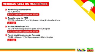 Emendas parlamentares
R$ 1,3 bilhão
Parcela extra do FPM
R$ 190 milhões - 47 municípios em situação de calamidade
Ações da Defesa Civil
R$ 310 milhões aprovados para 207 Municípios
Apoio ao Abrigamento de Pessoas
R$ 22 milhões - 120 mil pessoas em 88 municípios
R$ 743 milhões pagos até 27/05
Já pago
R$ 176 milhões pagos até 27/05
Já pago
 