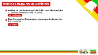 Análise de crédito com aval da União para 14 municípios
17 projetos analisados - R$ 1,8 bilhão
Piso Nacional da Enfermagem - antecipação de parcela
R$ 19 milhões
Já realizado
Já pago
 