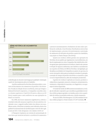| princípio 8
Meio Ambiente




                    série histórica de vaZamentos
                    (em m3)
                                                                                                     e promove automaticamente o fechamento do duto onde o pro-
                                                                                                     blema foi verificado. Já na Petrobras Distribuidora está em fase
                                                                                                     de implementação o processo de monitoramento e prevenção
                   2006                                     293                                      de vazamentos de derivados de petróleo a partir dos caminhões,
                                                                                                     cujo projeto se chama Tanque a Seu Serviço.
                   2005                                  269
                                                                                                           Quanto aos resíduos sólidos gerados nas operações da
                                                                                                     Petrobras, há um padrão que regulamenta os procedimentos, em
                   2004                                                                      530
                                                                                                     fase de implantação em toda a Companhia. São estabelecidos crité-
                                                                                                     rios gerais para o gerenciamento de resíduos, visando não somente
                   2003                                   276
                                                                                                     à redução de impactos ambientais, mas também ao atendimento
                   2002                        197                                                   aos requisitos da Política de SMS da Petrobras e da legislação que
                                                                                                     disciplina as atividades da Companhia nos países em que atua. As
                          São contabilizados vazamentos de petróleo e derivados acima de um barril   novas orientações valem para as instalações retiradas de operação,
                          (0,159 m3) que atingem o meio ambiente.
                                                                                                     a exemplo de campos de petróleo devolvidos ou exauridos, e para
                                                                                                     os novos empreendimentos, além das instalações já existentes.
                  a identificação do descarte total de água por qualidade e destinação                     A gestão dos resíduos é aplicada aos insumos, produtos e
                  a partir do funcionamento pleno do Datahidro.                                      subprodutos; na geração, manuseio, transporte, armazenamento,
                         A política ambiental da Petrobras determina ainda o cons-                   tratamento e disposição de materiais; e no diagnóstico e recupe-
                  tante monitoramento dos vazamentos de petróleo e dos deriva-                       ração de áreas impactadas.
                  dos. Focada na redução dessas ocorrências, meta que integra o                            O Comitê de Gestão de SMS monitora mensalmente a evolu-
                  Balanced Scorecard corporativo, a Companhia consolida todos                        ção do indicador corporativo que consolida as quantidades de resí-
                  os volumes superiores a 1 barril (0,159 metros cúbicos ou 159                      duos sólidos perigosos geradas e as tratadas, assim como a quanti-
                  litros) vazados para o meio ambiente em suas operações no                          dade de resíduos acumulados ainda sem o devido tratamento.
                  Brasil e no exterior.                                                                    No ano de 2006, a Petrobras gerou 315.294 toneladas de resí-
                        Em 2006, não houve vazamentos significativos, embora o                       duos sólidos perigosos e foram tratados 271.057 toneladas. +
                  resultado tenha sido um pouco superior ao do ano anterior, con-
                  siderado como o segundo melhor índice dos últimos sete anos.
                  Mesmo assim, a Petrobras se mantém, neste indicador, dentro dos
                  parâmetros internacionais de excelência para o setor de óleo e gás.
                  A meta até 2011 é não ultrapassar o teto máximo de 601 m3.
                        A Transpetro implantou um sistema de automatização de
                  seus dutos que monitora inclusive a ocorrência de vazamentos


                  104        |   Balanço social e amBiental 2006 |         petroBras
 
