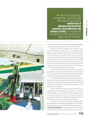 k Além da questão
        ambiental, a produção
           de biocombustíveis




                                                                           | princípio 8
                   estimula o
            desenvolvimento
       social e econômico de




                                                                         Meio Ambiente
     áreas rurais, ao associar
     programas de incentivo à
           agricultura familiar.

testes em escala-piloto já foram realizados na Regap, Refap e Repar,
e a expectativa é que a produção comercial se inicie em 2007.
       Também estão sendo avaliadas duas unidades experi-
mentais de biodiesel. Instaladas no recém-inaugurado Núcleo
Experimental de Energias Renováveis da Petrobras, no Rio Grande
do Norte, e aplicando tecnologias inéditas, as plantas-protótipo
estão processando óleos vegetais ou sementes de oleaginosas para
produção de combustível com resultados promissores. Do bagaço
de cana, outra inovação está surgindo. O Cenpes já conseguiu pro-
duzir etanol em laboratório a partir de rejeitos vegetais. A técnica
criada permite aumentar a produção de álcool combustível sem
ter que ampliar a área plantada de cana-de-açúcar.
       Além dos benefícios ambientais por reduzir as emissões de
gases poluentes, a produção de biocombustíveis abre boas perspec-
tivas para o desenvolvimento social e econômico das áreas rurais do
País, ao associar programas de incentivo à agricultura familiar.
       Por sua posição de destaque na área de biocombustíveis, a
Petrobras começou a participar em 2006, por meio do Cenpes, do
primeiro Plano Interlaboratorial da American Society for Testing
and Materials (ASTM) dedicado a biodiesel, juntamente com 38
laboratórios de nove países.
       O ano de 2006 também marcou o ingresso do Brasil na era do
hidrogênio, um dos mais promissores combustíveis renováveis. A
Petrobras aderiu ao Projeto Ônibus Brasileiro a Hidrogênio, junto
com diversas empresas e instituições. O Cenpes desenvolverá a
tecnologia para a primeira estação brasileira de abastecimento de
hidrogênio, a ser operada pela Petrobras Distribuidora.
       Outra linha de atuação está relacionada à verificação da quali-
dade dos produtos e à reciclagem de embalagens. Entre as iniciativas
que cobrem diversas etapas do ciclo de vida dos produtos estão:
 PROJETO ECONOMIzAR: 50 unidades móveis dotadas de minila-
boratório e opacímetro oferecem apoio técnico ao setor de trans-


www.petrobras.com.br | Balanço social e amBiental 2006 |     113
 