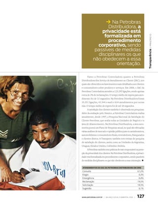 k Na Petrobras
                   Distribuidora, a
                privacidade está
                 formalizada em




                                                                            | princípio 10
                   procedimento
              corporativo, sendo
             passíveis de medidas




                                                                          transparência
              disciplinares os que
            não obedecem a essa
                        orientação.

      Tanto a Petrobras Controladora quanto a Petrobras
Distribuidora têm Serviço de Atendimento ao Cliente (SAC), nos
quais são oferecidos esclarecimentos mais detalhados aos clientes
e consumidores sobre produtos e serviços. Em 2006, o SAC da
Petrobras Controladora atendeu a 123.295 ligações, sendo apenas
cerca de 2% de reclamações. O tempo médio de espera para aten-
dimento foi de 15 segundos. Na Petrobras Distribuidora foram
35.351 ligações, 43.344 e-mails e 634 atendimentos por outras
vias. O tempo médio de espera foi de até 20 segundos.
      A satisfação dos clientes também é observada em pesquisas.
Além da avaliação pelo Sísmico, a Petrobras Controladora realiza
anualmente, desde 1997, a Pesquisa Nacional da Satisfação do
Cliente Petrobras, que avalia todas as Unidades de Negócio e a
área de Abastecimento. Na Petrobras Distribuidora, a área auto-
motiva possui um Plano de Pesquisas anual, no qual são efetuadas
várias análises de mercado e opinião pública junto a caminhoneiros,
automobilistas e consumidores finais, revendedores, franqueados
e clientes diretos. A Transpetro também tem rotinas de pesquisa
de satisfação de clientes, assim como as Unidades da Argentina,
Uruguai, Estados Unidos, Colômbia e Bolívia.
      A Petrobras também tem práticas de trato responsável na prote-
ção da privacidade dos clientes. Na Petrobras Distribuidora, a privaci-
dade está formalizada em procedimento corporativo, sendo passíveis
de medidas disciplinares os que não obedecem a essa orientação. +

 atendimentoS do Sac da petrobraS diStribuidora em 2006
Consulta                                                       61,2%
Elogio                                                          0,3%
Emergência                                                      0,4%
Reclamação                                                     19,5%
Solicitação                                                    18,5%
Sugestão                                                        0,1%


www.petrobras.com.br | Balanço social e amBiental 2006 |      127
 