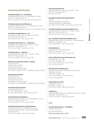 5283 PArtICIPAções ltdA.
PrInCIPAIs ControlAdAs                                          Avenida República do Chile, 65 – sala 1003 – Centro
                                                                20031-912 – Rio de Janeiro – RJ
                                                                Tel.: (21) 3224-7308
PetroBrAs QuÍMICA s.A. – PetroQuIsA
Avenida República do Chile, 65 – Salas 902/903 – Centro
20031-912 – Rio de Janeiro – RJ                                 PetroBrAs InternAtIonAl BrAsPetro B.V.




                                                                                                                                      | endereços
Tel.: (21) 3224-6397 Fax: (21) 2262-1918 / 2262-4728            Rokin 55
                                                                1012 KK Amsterdam, P.O. Box 990
                                                                1000 AZ Amsterdam, The Netherlands
PetroBrAs neGóCIos eletrÔnICos s.A.
                                                                Tel.: (0021) 3120 521-4805 Fax: (0021) 3120 521-4827
Avenida República do Chile, 65 – 16º andar (parte) – Centro




                                                                                                                                   sistema Petrobras
20031-912 – Rio de Janeiro – RJ
Tel.: (21) 3224-3990 / 3224-721 Fax: (21) 3224-2703/3224-3558   PetroBrAs CoMerCIAlIZAdorA de enerGIA ltdA.
                                                                Avenida República do Chile, 500 – 27º andar – Centro
                                                                20031-170 – Rio de Janeiro – RJ
PetroBrAs dIstrIBuIdorA s.A. – Br
                                                                Tel.: (21) 3212-6202 Fax: (21) 3212-6205
Rua General Canabarro, 500 – 16º andar – Maracanã
20271-900 – Rio de Janeiro – RJ
Tel.: (21) 3876-4001 Fax: (21) 3876-4977                        sFe – soCIedAde FluMInense de enerGIA ltdA.
                                                                Rodovia Presidente Dutra – Km 200, s/nº – Jardim Maracanã
                                                                23890-000 – Seropédica – RJ
PetroBrAs trAnsPorte s.A. – trAnsPetro
                                                                Tel.: (21) 2665-9204 Fax: (21) 2665-9249
Avenida Presidente Vargas, 328 – 10º andar – Centro
20091-060 – Rio de Janeiro – RJ
Tel.: (21) 3211-9100 Fax: (21) 3211-9121                        FAFen enerGIA s.A.
                                                                Rua Eteno, 2198 – Pólo Petroquímico
                                                                42810-000 – Camaçari – BA
PetroBrAs GÁs s.A. – GAsPetro
                                                                Tel.: (71) 3642-4706 Fax: (71) 3642-4300
Avenida República do Chile, 500 – 28º andar – Centro
20031-170 – Rio de Janeiro – RJ
Tel.: (21) 3212-6053 Fax: (21) 3212-6165                        usInA terMelÉtrICA noVA PIrAtInInGA ltdA.
                                                                Av. Paulista, 901 - 14° andar
                                                                01311-100 - São Paulo - SP
BrAsPetro oIl serVICes CoMPAnY – BrAsoIl
                                                                Tel.: (11) 5613-2700 Fax: (11) 5614-9222
P.O. Box 1034 GT
                                                                Tel.: (55) (11) 3323 2034
Harbour Place, 4th Floor
103 South Church Street
Grand Cayman, Cayman Islands                                    BAIxAdA sAntIstA enerGIA ltdA.
Tel.: 0.0021-1 (345) 814-1557 Fax: 0.0021-1 (345) 814-1557      Praça Mal. Stenio Caio de Albuquerque Lima, 1 (parte)
                                                                Jardim das Indústrias
                                                                11555-900 – Cubatão – SP
BrAsPetro oIl CoMPAnY
                                                                Tel.: (13) 3362-4004 Fax: (13) 3362-4818
P.O. Box 1034 GT
Harbour Place, 4th Floor                                        Tel.: (55) (13) 3366 4300
103 South Church Street
Grand Cayman, Cayman Islands                                    terMoCeArÁ ltdA. (MPx)
Tel.: 0.0021-1 (345) 949-8888 Fax: 0.0021-1 (345) 949-8899      Rodovia CE-422, Km 0
                                                                61600-000 – Caucaia – CE
PetroBrAs netherlAnds B.V.                                      Tel.: (85) 3372-2200 Fax: (85) 3372-2212
Prins Bernhardplein, 200
JB – 1097 – Amsterdam - Holanda                                 terMorIo s.A.
Tel.: (31) (20) 521 4805 Fax: (31) (20) 521 4777                Avenida Almirante Barroso, 63 – salas 815 a 817 (parte) - Centro
                                                                20031-003 – Rio de Janeiro – RJ
doWnstreAM PArtICIPAções s.A.                                   Tel.: (21) 2532-6572 Fax: (21) 2532-1957
Avenida República do Chile, 65 – 22º andar (parte) – Centro
20031-912 – Rio de Janeiro – RJ
Tel.: (21) 3224-4819 Fax: (21) 2262-4228
                                                                sIte

PetroBrAs InternAtIonAl FInAnCe CoMPAnY
                                                                Petróleo BrAsIleIro s.A. – PetroBrAs
4th Floor, Harbour Place, 103 South Church Street               www.petrobras.com.br
Georgetown Grand Cayman – Cayman Island (BWI)
P.O. Box 1034 GT                                                Para mais informações:
Tel.: 55 21 3224-1668 Fax: 55 21 2544-7168                      balancosocial@petrobras.com.br


                                                                www.petrobras.com.br | Balanço social e amBiental 2006 |   155
 