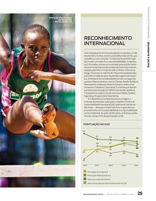 | compromissos e estratégias
Atleta da vila Olímpica
         da Mangueira
    – Rio de Janeiro, RJ




                            reconheciMento
                            internacional




                                                                                              Social e Ambiental
                            Outro destaque do ano foi a entrada da Companhia, no mês
                            de setembro, no Dow Jones Sustainability Index (DJSI), que
                            a classificou como uma das 13 empresas de petróleo e gás
                            do mundo com maior foco na sustentabilidade. O ingresso
                            no DJSI amplia o acesso a um mercado potencial de investi-
                            dores em empresas social e ambientalmente responsáveis,
                            avaliado pela ONU em mais de US$ 4 trilhões. A Petrobras
                            atingiu 74 pontos no máximo de 100 pontos estabelecidos
                            pelo DJSI. A média do setor de petróleo e gás foi de 50 pon-
                            tos. A Petrobras foi considerada benchmark nos seguintes
                            quesitos: Relacionamento com os Clientes, Gestão da Marca,
                            Desempenho Ambiental, Desenvolvimento de Recursos
                            Humanos e Cidadania Corporativa. E os temas que tiveram
                            aumento na pontuação em 2006 foram Gestão da Marca,
                            Transparência, Impacto Social nas Comunidades, Saúde e
                            Segurança Ocupacional e Vazamentos.
                                 Em dezembro, a Companhia passou a integrar o
                            conjunto de empresas cujas ações compõem o Índice de
                            Sustentabilidade Empresarial (ISE) da Bolsa de Valores de
                            São Paulo — Bovespa. O índice tem foco no grau de com-
                            prometimento com a sustentabilidade e a responsabilidade
                            social e ambiental. As ações da Petrobras, ordinárias e prefe-
                            renciais, somam 25% de participação no ISE.


                           pontuação no dJsi

                           92

                                            81              80               79        79
                                                                          74
                                            68              67                         74
                                                                             73
                                                                                       68
                                                            66
                           60               62
                                                                             58
                                                            54                         52
                           43

                           2002           2003             2004             2005     2006


                                  Pontuação da Companhia
                                  Pontuação média da indústria
                                  Maior pontuação da indústria
                                  Menor pontuação da indústria para entrar no DJSI




                           www.petrobras.com.br | Balanço social e amBiental 2006 |      25
 