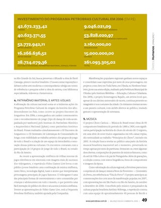 InvestImento do Programa Petrobras cultural em 2006 (EM R$)

   42.672.233,42                                                      9.046.021,09
   cInema                                                             lIteratura e eventos lIterÁrIos


   40.623.371,55                                                      53.828.020,97




                                                                                                                                                 | princípio 1
   músIca                                                             PatrImônIo HIstórIco, museus e edIFIcado


   52.772.942,11                                                      2.160.000,00




                                                                                                                                              Direitos Humanos
   artes cênIcas                                                      arqueologIa


   16.266.636,52                                                      15.000.000,00
   artes vIsuaIs                                                      outros


   28.724.079,36                                                      261.093.305,02
   cultura e socIedade, PatrImônIo ImaterIal, esPaço, Fóruns          total




no Rio Grande do Sul, busca preservar e difundir a obra de Iberê            Manifestações populares regionais ganham novos espaços
Camargo, pintor e escritor brasileiro. O museu reúne exposições e     e consolidam suas trajetórias por meio de seus personagens, em
debates sobre arte moderna e contemporânea e abriga um centro         projetos como Arte em Toda Parte, em Olinda, no Nordeste brasi-
de referência e pesquisa sobre a obra do artista, com biblioteca      leiro, já em sua sexta edição, realizado pela Prefeitura Municipal de
especializada, videoteca e hemeroteca.                                Olinda e pelo Instituto Mobiliza — Educação, Cultura e Cidadania.
                                                                      Em 2006, o projeto homenageou Bajado, um artista local que,
4. PaTrimônio imaTErial E arTEs Visuais                               apesar de seu décimo aniversário de morte, continua presente no
A afirmação da cultura nacional soma-se a inúmeras ações do           imaginário e nos costumes da cidade. Os visitantes tiveram acesso
Programa Petrobras Cultural de resgate da história dos afro-          a um passeio cultural, com ateliês abertos ao público, traslado
descendentes no País, como ocorre no projeto Encontro de              gratuito e apresentação de serenatas.
Jongueiros. Em 2006, o tema ganhou um caráter comemorativo
com o reconhecimento do jongo (tipo de dança de roda acom-            5. músiCa
panhada por tambores) pelo Instituto do Patrimônio Histórico          O projeto Choro Carioca — Música do Brasil reúne obras de 85
e Arquitetônico Nacional (Iphan) como patrimônio histórico            compositores brasileiros do período de 1880 a 1900, com signifi-
do Brasil. Foram realizados simultaneamente o XI Encontro de          cativa participação na história do choro do século 20. O registro,
Jongueiros e o III Seminário de Lideranças de Comunidades de          em uma série de nove títulos organizados em três caixas triplas,
Jongo, com visibilidade ao trabalho artístico dos grupos de jongo     dá continuidade ao trabalho “Princípios do Choro”, iniciado em
de todo o Brasil e a criação de um espaço de intercâmbio e reno-      2001. A coleção busca revelar ao público uma parte da história
vação dessas práticas culturais. Os encontros contaram com a          musical brasileira inacessível até o momento, preservada no
participação de 14 grupos de jongo de todo o Brasil, no estado        tempo apenas por meio de partituras. Destacam-se, entre algumas
do Rio de Janeiro.                                                    descobertas, composições de parentes de músicos famosos, como
       Ao reunir a apresentação sinfônica de trilhas sonoras de       do avô de Villa-Lobos e do pai de Pixinguinha. Além de gravações,
jogos eletrônicos em sincronia com imagens reais de sucessos          a coleção contou com textos biográficos, fotos de compositores
dos videogames, o espetáculo Video Games Live levou a um              e imagens da época.
público jovem brasileiro uma combinação de música sinfônica,                Como valorização da cultura regional, a Petrobras patrocinou
canto lírico, tecnologia digital, luzes e atores que interpretaram    o espetáculo de dança e música Nove de Frevereiro — Centenário
personagens principais de jogos famosos. O videogame é uma            do Frevo, em referência ao “Dia do Frevo”. O projeto antecipou as
das principais formas de entretenimento e arte consumidas por         comemorações dos cem anos da manifestação popular, em 2007,
crianças e adolescentes em todo o mundo, o que permitiu uma           com apresentações em São Paulo e no Rio de Janeiro, de outubro
fácil interação do público do show e seu acesso à música sinfônica.   a dezembro de 2006. Concebido pelo músico e pesquisador da
Dentre as apresentações do Video Game Live, está a Orquestra          cultura popular brasileira Antônio Nóbrega, o espetáculo contou
Petrobras Sinfônica, também apoiada pela Companhia.                   com uma equipe de aproximadamente 40 pessoas de Recife e


                                                                        www.petrobras.com.br | Balanço social e amBiental 2006 |     49
 