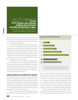 k A tfCA registrada na
                   Petrobras em 2006 foi de
                   0,77, inferior aos valores
                        médios da indústria
               mundial de petróleo e gás,
Trabalho




                  de acordo com instituições
              16570 representativas do setor.




                                                                                taxa de acidentados fatais
           profissionais especializados para orientar a prática de exercícios   (tAf)
           físicos e fornecer também orientação nutricional. Nas Unidades
           que não dispõem dessa infra-estrutura, são estabelecidas parce-
           rias com academias especializadas.                                    2006              1,60
                 Paralelamente, existem programas específicos de ginástica       2005                             2,81
           laboral nos locais de trabalho, visando à prevenção de lesões
           causadas por posturas inadequadas e esforços repetitivos. A           2004                                  3,30
           Petrobras aprovou também um padrão corporativo de Gestão
           de Ergonomia, com o objetivo de assegurar o conforto da força         2003                                                 4,57
           de trabalho e prevenir a ocorrência de doenças ocupacionais. O
           padrão prevê a criação de comitês de ergonomia nas Unidades e         2002                                                                     6,29
           o estabelecimento, a cada ano, de planos de ação para a melhoria
                                                                                 média
           das condições ergonômicas no trabalho.                                2005                                     3,50
                                                                                  OGP
                 Outra ação de investimento na qualidade de vida dos empre-      média
           gados é o oferecimento de clubes como opção de lazer. Em todo         2005                                                4,50
                                                                                ARPEL
           o Brasil, existem mais de 30 Clubes dos Empregados da Petrobras
           (Cepes), disponíveis também para aposentados, pensionistas                    Número de fatalidades por 100 milhões de homens-horas de exposição ao
           e dependentes. Nos clubes também são realizados projetos de                   risco, abrangendo empregados próprios e de empresas contratadas. Taxas
                                                                                         discriminadas por região estão disponíveis na área de SMS da Companhia.
           inclusão social, possibilitando a participação e o intercâmbio com
           pessoas das comunidades do entorno.
                                                                                calcula o número de fatalidades por 100 milhões de horas traba-
           IndICAdOReS de ACIdenTeS e SAúde                                     lhadas. De acordo com o Plano Estratégico da Petrobras, o limite
           Os indicadores da segurança ocupacional da força de trabalho na      máximo admissível da TFCA no ano de 2011 é 0,5. Para atingir
           Petrobras vêm apresentando melhorias consistentes nos últimos        esse objetivo, a Companhia tem adotado normas de segurança
           anos. Para monitorar esse aspecto, a Companhia utiliza métricas      que ultrapassam até mesmo as exigências da legislação. Em 2006
           padronizadas internacionalmente, como a Taxa de Freqüência de        foi concluída a implementação do Programa de Segurança do
           Acidentados com Afastamento (TFCA), o número de fatalidades          Processo (PSP), que, com base nas Diretrizes Corporativas de
           no trabalho e a Taxa de Acidentados Fatais (TAF). Esses indicado-    SMS, visava implantar uma cultura corporativa de prevenção de
           res são calculados na Petrobras de forma composta, envolvendo        acidentes, com reflexo no comportamento da força de trabalho.
           empregados e trabalhadores terceirizados.                                  A TFCA registrada na Petrobras em 2006 foi de 0,77, inferior
                 A TFCA considera o número de acidentados com afasta-           aos valores médios da indústria mundial de petróleo e gás, em
           mento do trabalho por um milhão de horas trabalhadas, e a TAF        2005, de acordo com instituições representativas do setor, e 50%


           60     |   Balanço social e amBiental 2006 |   petroBras
 