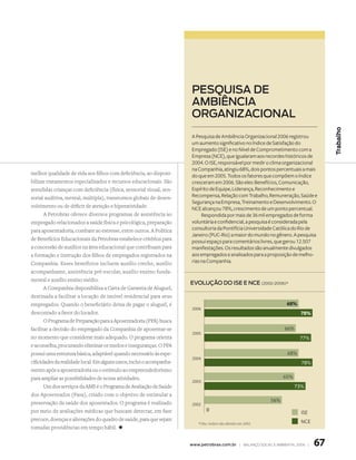 pesquisa de
                                                                       ambiência
                                                                       orGanizacional




                                                                                                                                        Trabalho
                                                                       A Pesquisa de Ambiência Organizacional 2006 registrou
                                                                       um aumento significativo no Índice de Satisfação do
                                                                       Empregado (ISE) e no Nível de Comprometimento com a
                                                                       Empresa (NCE), que igualaram aos recordes históricos de
                                                                       2004. O ISE, responsável por medir o clima organizacional
                                                                       na Companhia, atingiu 68%, dois pontos percentuais a mais
melhor qualidade de vida aos filhos com deficiência, ao disponi-       do que em 2005. Todos os fatores que compõem o índice
bilizar tratamentos especializados e recursos educacionais. São        cresceram em 2006. São eles: Benefícios, Comunicação,
atendidas crianças com deficiência (física, sensorial visual, sen-     Espírito de Equipe, Liderança, Reconhecimento e
sorial auditiva, mental, múltipla), transtornos globais de desen-      Recompensa, Relação com Trabalho, Remuneração, Saúde e
                                                                       Segurança na Empresa, Treinamento e Desenvolvimento. O
volvimento ou de déficit de atenção e hiperatividade.                  NCE alcançou 78%, crescimento de um ponto percentual.
       A Petrobras oferece diversos programas de assistência ao             Respondida por mais de 36 mil empregados de forma
empregado relacionados a saúde física e psicológica, preparação        voluntária e confidencial, a pesquisa é considerada pela
para aposentadoria, combate ao estresse, entre outros. A Política      consultoria da Pontifícia Universidade Católica do Rio de
                                                                       Janeiro (PUC-Rio) a maior do mundo no gênero. A pesquisa
de Benefícios Educacionais da Petrobras estabelece critérios para      possui espaço para comentários livres, que gerou 12.507
a concessão de auxílios na área educacional que contribuam para        manifestações. Os resultados são anualmente divulgados
a formação e instrução dos filhos de empregados registrados na         aos empregados e analisados para a proposição de melho-
Companhia. Esses benefícios incluem auxílio creche, auxílio            rias na Companhia.
acompanhante, assistência pré-escolar, auxílio ensino funda-
mental e auxílio ensino médio.
                                                                       evolução do ise e nce (2002-2006)*
       A Companhia disponibiliza a Carta de Garantia de Aluguel,
destinada a facilitar a locação de imóvel residencial para seus
empregados. Quando o beneficiário deixa de pagar o aluguel, é                                                         68%
                                                                        2006
descontado a favor do locador.                                                                                               78%
       O Programa de Preparação para a Aposentadoria (PPA) busca
facilitar a decisão do empregado da Companhia de aposentar-se                                                        66%
                                                                        2005
no momento que considerar mais adequado. O programa orienta                                                                 77%
e aconselha, procurando eliminar os medos e inseguranças. O PPA
possui uma estrutura básica, adaptável quando necessário às espe-                                                     68%
                                                                        2004
cificidades da realidade local. Em alguns casos, inclui o acompanha-                                                         78%
mento após a aposentadoria ou o estímulo ao empreendedorismo
para ampliar as possibilidades de novas atividades.                                                                  65%
                                                                        2003
       Um dos serviços da AMS é o Programa de Avaliação de Saúde                                                           73%
dos Aposentados (Pasa), criado com o objetivo de estimular a
preservação da saúde dos aposentados. O programa é realizado                                                   56%
                                                                        2002
por meio de avaliações médicas que buscam detectar, em fase                    0                                             ISE
precoce, doenças e alterações do quadro de saúde, para que sejam                                                             NCE
                                                                           *Obs.: índice não aferido em 2002
tomadas providências em tempo hábil. +


                                                                       www.petrobras.com.br | Balanço social e amBiental 2006 |    67
 