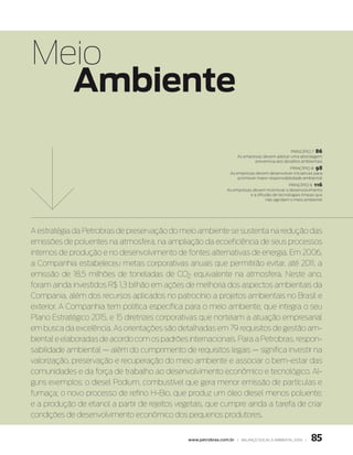Meio
  Ambiente
                                                                                                princípio 7 86
                                                                      as empresas devem adotar uma abordagem
                                                                              preventiva aos desafios ambientais
                                                                                               princípio 8 98
                                                                  as empresas devem desenvolver iniciativas para
                                                                      promover maior responsabilidade ambiental
                                                                                                princípio 9 116
                                                                 as empresas devem incentivar o desenvolvimento
                                                                            e a difusão de tecnologias limpas que
                                                                                    não agridam o meio ambiente




A estratégia da Petrobras de preservação do meio ambiente se sustenta na redução das
emissões de poluentes na atmosfera, na ampliação da ecoeficiência de seus processos
internos de produção e no desenvolvimento de fontes alternativas de energia. Em 2006,
a Companhia estabeleceu metas corporativas anuais que permitirão evitar, até 2011, a
emissão de 18,5 milhões de toneladas de CO2 equivalente na atmosfera. Neste ano,
foram ainda investidos R$ 1,3 bilhão em ações de melhoria dos aspectos ambientais da
Compania, além dos recursos aplicados no patrocínio a projetos ambientais no Brasil e
exterior. A Companhia tem política específica para o meio ambiente, que integra o seu
Plano Estratégico 2015, e 15 diretrizes corporativas que norteiam a atuação empresarial
em busca da excelência. As orientações são detalhadas em 79 requisitos de gestão am-
biental e elaboradas de acordo com os padrões internacionais. Para a Petrobras, respon-
sabilidade ambiental — além do cumprimento de requisitos legais — significa investir na
valorização, preservação e recuperação do meio ambiente e associar o bem-estar das
comunidades e da força de trabalho ao desenvolvimento econômico e tecnológico. Al-
guns exemplos: o diesel Podium, combustível que gera menor emissão de partículas e
fumaça; o novo processo de refino H-Bio, que produz um óleo diesel menos poluente;
e a produção de etanol a partir de rejeitos vegetais, que cumpre ainda a tarefa de criar
condições de desenvolvimento econômico dos pequenos produtores.


                                               www.petrobras.com.br | Balanço social e amBiental 2006 |    85
 