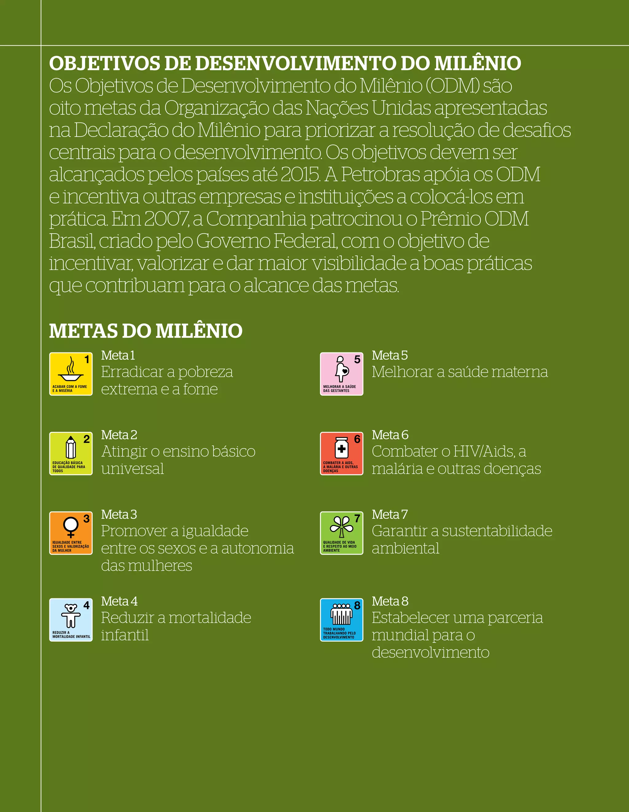 PRINCÍPIO X


OBJETIVOS DE DESENVOLVIMENTO DO MILÊNIO
Os Objetivos de Desenvolvimento do Milênio (ODM) são
oito metas da Organização das Nações Unidas apresentadas
na Declaração do Milênio para priorizar a resolução de desaﬁos
centrais para o desenvolvimento. Os objetivos devem ser
alcançados pelos países até 2015. A Petrobras apóia os ODM
e incentiva outras empresas e instituições a colocá-los em
prática. Em 2007, a Companhia patrocinou o Prêmio ODM
Brasil, criado pelo Governo Federal, com o objetivo de
incentivar, valorizar e dar maior visibilidade a boas práticas
que contribuam para o alcance das metas.

METAS DO MILÊNIO
              Meta 1                                         Meta 5
              Erradicar a pobreza                            Melhorar a saúde materna
              extrema e a fome

              Meta 2                                         Meta 6
              Atingir o ensino básico                        Combater o HIV/Aids, a
              universal                                      malária e outras doenças

              Meta 3                                         Meta 7
              Promover a igualdade                           Garantir a sustentabilidade
              entre os sexos e a autonomia                   ambiental
              das mulheres

              Meta 4                                         Meta 8
              Reduzir a mortalidade                          Estabelecer uma parceria
              infantil                                       mundial para o
                                                             desenvolvimento




WWW.PETROBRAS.COM.BR   |   BALANÇO SOCIAL E AMBIENTAL 2007                                 9
 