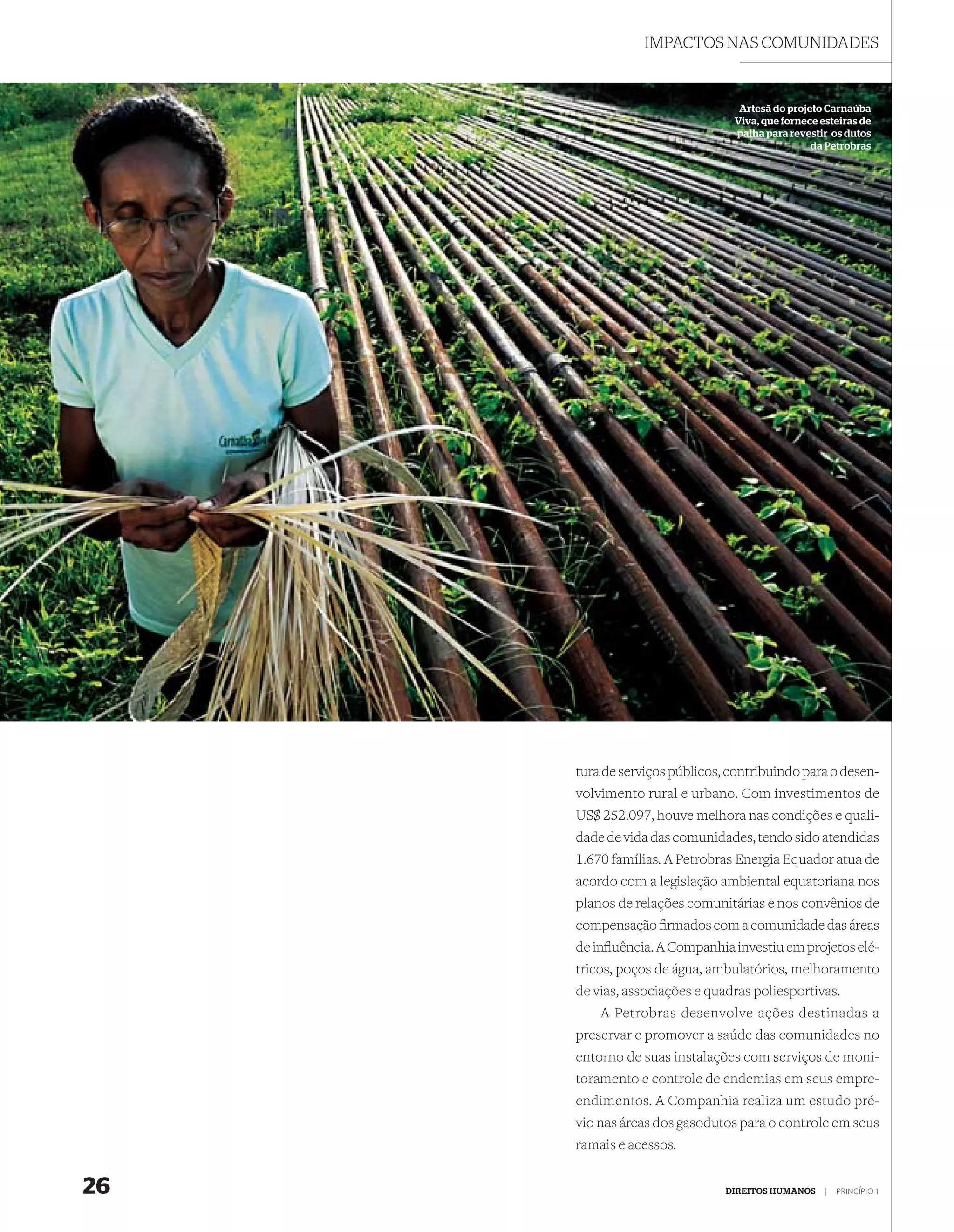 IMPACTOS NAS COMUNIDADES


                                 Artesã do projeto Carnaúba
                                Viva, que fornece esteiras de
                                palha para revestir os dutos
                                                da Petrobras




     tura de serviços públicos, contribuindo para o desen-
     volvimento rural e urbano. Com investimentos de
     US$ 252.097, houve melhora nas condições e quali-
     dade de vida das comunidades, tendo sido atendidas
     1.670 famílias. A Petrobras Energia Equador atua de
     acordo com a legislação ambiental equatoriana nos
     planos de relações comunitárias e nos convênios de
     compensação ﬁrmados com a comunidade das áreas
     de inﬂuência. A Companhia investiu em projetos elé-
     tricos, poços de água, ambulatórios, melhoramento
     de vias, associações e quadras poliesportivas.
         A Petrobras desenvolve ações destinadas a
     preservar e promover a saúde das comunidades no
     entorno de suas instalações com serviços de moni-
     toramento e controle de endemias em seus empre-
     endimentos. A Companhia realiza um estudo pré-
     vio nas áreas dos gasodutos para o controle em seus
     ramais e acessos.


26                             DIREITOS HUMANOS    |   PRINCÍPIO 1
 