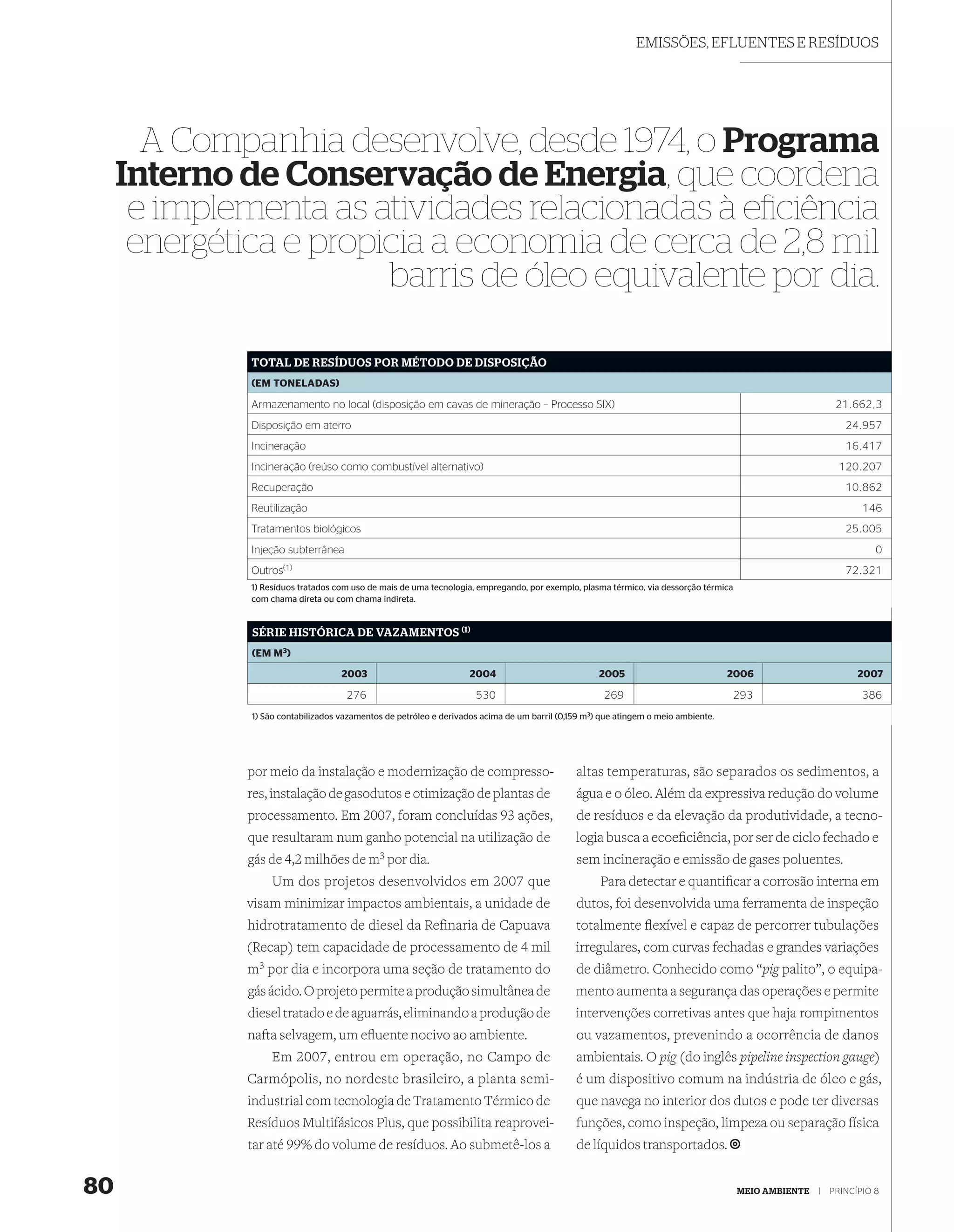 EMISSÕES, EFLUENTES E RESÍDUOS




       A Companhia desenvolve, desde 1974, o Programa
     Interno de Conservação de Energia, que coordena
      e implementa as atividades relacionadas à eﬁciência
      energética e propicia a economia de cerca de 2,8 mil
                        barris de óleo equivalente por dia.

              TOTAL DE RESÍDUOS POR MÉTODO DE DISPOSIÇÃO
              (EM TONELADAS)

              Armazenamento no local (disposição em cavas de mineração – Processo SIX)                                                                      21.662,3
              Disposição em aterro                                                                                                                            24.957
              Incineração                                                                                                                                     16.417
              Incineração (reúso como combustível alternativo)                                                                                               120.207
              Recuperação                                                                                                                                     10.862
              Reutilização                                                                                                                                        146
              Tratamentos biológicos                                                                                                                          25.005
              Injeção subterrânea                                                                                                                                    0
              Outros(1)                                                                                                                                       72.321
              1) Resíduos tratados com uso de mais de uma tecnologia, empregando, por exemplo, plasma térmico, via dessorção térmica
              com chama direta ou com chama indireta.


              SÉRIE HISTÓRICA DE VAZAMENTOS (1)
              (EM M3)

                                    2003                            2004                            2005                            2006                         2007

                                     276                             530                             269                            293                           386
              1) São contabilizados vazamentos de petróleo e derivados acima de um barril (0,159 m3) que atingem o meio ambiente.




              por meio da instalação e modernização de compresso-                             altas temperaturas, são separados os sedimentos, a
              res, instalação de gasodutos e otimização de plantas de                         água e o óleo. Além da expressiva redução do volume
              processamento. Em 2007, foram concluídas 93 ações,                              de resíduos e da elevação da produtividade, a tecno-
              que resultaram num ganho potencial na utilização de                             logia busca a ecoeﬁciência, por ser de ciclo fechado e
              gás de 4,2 milhões de m3 por dia.                                               sem incineração e emissão de gases poluentes.
                  Um dos projetos desenvolvidos em 2007 que                                         Para detectar e quantiﬁcar a corrosão interna em
              visam minimizar impactos ambientais, a unidade de                               dutos, foi desenvolvida uma ferramenta de inspeção
              hidrotratamento de diesel da Refinaria de Capuava                               totalmente ﬂexível e capaz de percorrer tubulações
              (Recap) tem capacidade de processamento de 4 mil                                irregulares, com curvas fechadas e grandes variações
              m3 por dia e incorpora uma seção de tratamento do                               de diâmetro. Conhecido como “pig palito”, o equipa-
              gás ácido. O projeto permite a produção simultânea de                           mento aumenta a segurança das operações e permite
              diesel tratado e de aguarrás, eliminando a produção de                          intervenções corretivas antes que haja rompimentos
              nafta selvagem, um eﬂuente nocivo ao ambiente.                                  ou vazamentos, prevenindo a ocorrência de danos
                  Em 2007, entrou em operação, no Campo de                                    ambientais. O pig (do inglês pipeline inspection gauge)
              Carmópolis, no nordeste brasileiro, a planta semi-                              é um dispositivo comum na indústria de óleo e gás,
              industrial com tecnologia de Tratamento Térmico de                              que navega no interior dos dutos e pode ter diversas
              Resíduos Multifásicos Plus, que possibilita reaprovei-                          funções, como inspeção, limpeza ou separação física
              tar até 99% do volume de resíduos. Ao submetê-los a                             de líquidos transportados.


80                                                                                                                                     MEIO AMBIENTE   |   PRINCÍPIO 8
 
