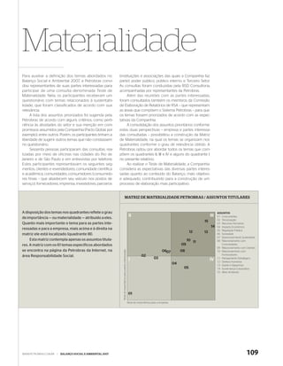 Materialidade
Para auxiliar a definição dos temas abordados no             (instituições e associações das quais a Companhia faz
Balanço Social e Ambiental 2007, a Petrobras convi-          parte); poder público; público interno; e Terceiro Setor.
dou representantes de suas partes interessadas para          As consultas foram conduzidas pela BSD Consultoria,
participar de uma consulta denominada Teste de               acompanhadas por representantes da Petrobras.
Materialidade. Nela, os participantes receberam um                Além das reuniões com as partes interessadas,
questionário com temas relacionados à sustentabi-            foram consultados também os membros da Comissão
lidade, que foram classificados de acordo com sua            de Elaboração de Relatórios de RSA – que representam
relevância.                                                  as áreas que compõem o Sistema Petrobras – para que
     A lista dos assuntos priorizados foi sugerida pela      os temas fossem priorizados de acordo com as expec-
Petrobras de acordo com alguns critérios, como perti-        tativas da Companhia.
nência às atividades do setor e sua menção em com-                A consolidação dos assuntos prioritários conforme
promissos assumidos pela Companhia (Pacto Global, por        estas duas perspectivas – empresa e partes interessa-
exemplo), entre outros. Porém, os participantes tinham a     das consultadas – possibilitou a construção da Matriz
liberdade de sugerir outros temas que não constassem         de Materialidade, na qual os temas se organizam nos
no questionário.                                             quadrantes conforme o grau de relevância obtido. A
     Sessenta pessoas participaram das consultas, rea-       Petrobras optou por abordar todos os temas que com-
lizadas por meio de oficinas nas cidades do Rio de           põem os quadrantes II, III e IV e alguns do quadrante I
Janeiro e de São Paulo e em entrevistas por telefone.        no presente relatório.
Estes participantes representavam os seguintes seg-               Ao realizar o Teste de Materialidade, a Companhia
mentos: clientes e revendedores; comunidade científica       considera as expectativas das diversas partes interes-
e acadêmica; comunidades; consumidores (consumido-           sadas quanto ao conteúdo do Balanço, mais objetivo
res finais – que abastecem seu veículo nos postos de         e adequado, contribuindo para a construção de um
serviço); fornecedores; imprensa; investidores; parceiros    processo de elaboração mais participativo.


                                                                              MATRIZ DE MATERIALIDADE PETROBRAS / ASSUNTOS TITULARES


A disposição dos temas nos quadrantes reflete o grau                                                                                                                              ASSUNTOS
                                                                                                                II                                                          III
de importância — ou materialidade — atribuído a eles.                                                                                                                             01 Concorrentes
                                                                                                                                                                                  02 Tercerização
                                                                                                                                                                       15
Quanto mais importante o tema para as partes inte-                                                                                                                                03 Recursos Humanos
                                                                                                                                                                            14    04 Impacto Econômico
ressadas e para a empresa, mais acima e à direita na                                                                                                                              05 Regulação Pública
                                                                                                                                                                12     13
matriz ele está localizado (quadrante III).                                                                                                                                       06 Sociedade
                                                                                                                                                                                  07 Desenvolvimento Sustentável
     Esta matriz contempla apenas os assuntos titula-                                                                                                          10 11              08 Relacionamento com
res. A matriz com os 61 temas específicos abordados                                                                                                       09                         Comunidades
                                                                                                                                                                                  09 Relacionamento com Clientes
se encontra na página da Petrobras da Internet, na
                                                               Nível de importância para partes interessadas




                                                                                                                                            0607          08                      10 Relacionamento com
área Responsabilidade Social.                                                                                              02                                                        Fornecedores
                                                                                                                I                    03                                     IV    11 Planejamento Estratégico
                                                                                                                                                                                  12 Direitos Humanos
                                                                                                                                                     04                           13 Saúde e Segurança
                                                                                                                                                           05                     14 Governança Corporativa
                                                                                                                                                                                  15 Meio Ambiente




                                                                                                               01

                                                                                                               Nível de importância para a empresa




WWW.PETROBRAS.COM.BR   |   BALANÇO SOCIAL E AMBIENTAL 2007                                                                                                                                               109
 