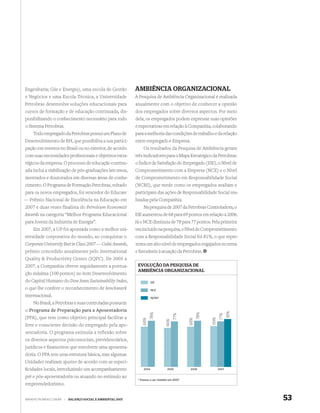 Engenharia; Gás e Energia), uma escola de Gestão             AMBIÊNCIA ORGANIZACIONAL
e Negócios e uma Escola Técnica, a Universidade              A Pesquisa de Ambiência Organizacional é realizada
Petrobras desenvolve soluções educacionais para              anualmente com o objetivo de conhecer a opinião
cursos de formação e de educação continuada, dis-            dos empregados sobre diversos aspectos. Por meio
ponibilizando o conhecimento necessário para todo            dela, os empregados podem expressar suas opiniões
o Sistema Petrobras.                                         e expectativas em relação à Companhia, colaborando
    Todo empregado da Petrobras possui um Plano de           para a melhoria das condições de trabalho e da relação
Desenvolvimento de RH, que possibilita a sua partici-        entre empregado e Empresa.
pação em eventos no Brasil ou no exterior, de acordo             Os resultados da Pesquisa de Ambiência geram
com suas necessidades proﬁssionais e objetivos estra-        três indicadores para o Mapa Estratégico da Petrobras:
tégicos da empresa. O processo de educação continu-          o Índice de Satisfação do Empregado (ISE), o Nível de
ada inclui a viabilização de pós-graduações lato sensu,      Comprometimento com a Empresa (NCE) e o Nível
mestrados e doutorados em diversas áreas de conhe-           de Comprometimento em Responsabilidade Social
cimento. O Programa de Formação Petrobras, voltado           (NCRS), que mede como os empregados avaliam e
para os novos empregados, foi vencedor do Educare            participam das ações de Responsabilidade Social rea-
— Prêmio Nacional de Excelência na Educação em               lizadas pela Companhia.
2007 e duas vezes finalista do Petroleum Economist               Na pesquisa de 2007 da Petrobras Controladora, o
Awards na categoria “Melhor Programa Educacional             ISE aumentou de 68 para 69 pontos em relação a 2006.
para Jovens da Indústria de Energia”.                        Já o NCE diminuiu de 78 para 77 pontos. Pela primeira
    Em 2007, a UP foi apontada como a melhor uni-            vez incluído na pesquisa, o Nível de Comprometimento
versidade corporativa do mundo, ao conquistar o              com a Responsabilidade Social foi 81%, o que repre-
Corporate University Best in Class 2007 — Cubic Awards,      senta um alto nível de empregados engajados no tema
prêmio concedido anualmente pelo International               e favoráveis à atuação da Petrobras.
Quality & Productivity Center (IQPC). De 2005 a
2007, a Companhia obteve seguidamente a pontua-               EVOLUÇÃO DA PESQUISA DE
                                                              AMBIÊNCIA ORGANIZACIONAL
ção máxima (100 pontos) no item Desenvolvimento
do Capital Humano do Dow Jones Sustainability Index,                     ISE

o que lhe confere o reconhecimento de benchmark                          NCE
internacional.                                                           NCRS*
    No Brasil, a Petrobras e suas controladas possuem
o Programa de Preparação para a Aposentadoria
                                                                                                                       81%
                                                                       78%




                                                                                                    78%
                                                                                       77%




                                                                                                                 77%




(PPA), que tem como objetivo principal facilitar a
                                                                                                          69%
                                                                 68%




                                                                                              68%
                                                                                 66%




livre e consciente decisão do empregado pela apo-
sentadoria. O programa estimula a reflexão sobre
os diversos aspectos psicossociais, previdenciários,
jurídicos e ﬁnanceiros que envolvem uma aposenta-
doria. O PPA tem uma estrutura básica, mas algumas
Unidades realizam ajustes de acordo com as especi-
ﬁcidades locais, introduzindo um acompanhamento                   2004            2005        2006              2007

pré e pós-aposentadoria ou atuando no estímulo ao
                                                              * Passou a ser medido em 2007
empreendedorismo.


WWW.PETROBRAS.COM.BR   |   BALANÇO SOCIAL E AMBIENTAL 2007                                                                   53
 