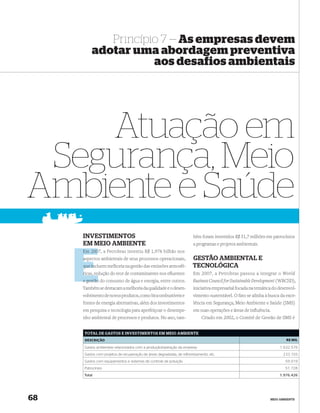 Princípio 7 — As empresas devem
         adotar uma abordagem preventiva
                    aos desafios ambientais




    Atuação em
 Segurança, Meio
Ambiente e Saúde
     INVESTIMENTOS                                                     bém foram investidos R$ 51,7 milhões em patrocínios
     EM MEIO AMBIENTE                                                  a programas e projetos ambientais.
     Em 2007, a Petrobras investiu R$ 1,976 bilhão nos
        200
     aspectos ambientais de seus processos operacionais,
     a                                                                 GESTÃO AMBIENTAL E
         in
     que incluem melhoria na gestão das emissões atmosfé-              TECNOLÓGICA
     ricas, red
            redução do teor de contaminantes nos eﬂuentes              Em 2007, a Petrobras passou a integrar o World
     e gestão do consumo de água e energia, entre outros.              Business Council for Sustainable Development (WBCSD),
     Também se destacam a melhoria da qualidade e o desen-             iniciativa empresarial focada na temática do desenvol-
     volvimento de novos produtos, como biocombustíveis e              vimento sustentável. O fato se alinha à busca da exce-
     fontes de energia alternativas, além dos investimentos            lência em Segurança, Meio Ambiente e Saúde (SMS)
     em pesquisa e tecnologia para aperfeiçoar o desempe-              em suas operações e áreas de inﬂuência.
     nho ambiental de processos e produtos. No ano, tam-                    Criado em 2002, o Comitê de Gestão de SMS é


     TOTAL DE GASTOS E INVESTIMENTOS EM MEIO AMBIENTE
      DESCRIÇÃO                                                                                                        R$ MIL

     Gastos ambientais relacionados com a produção/operação da empresa                                              1.632.576
     Gastos com projetos de recuperação de áreas degradadas, de reflorestamento, etc.                                 233.103
     Gastos com equipamentos e sistemas de controle de poluição                                                        59.019
     Patrocínios                                                                                                       51.728
     Total                                                                                                          1.976.426




68                                                                                                             MEIO AMBIENTE
 