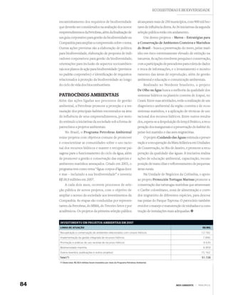 ECOSSISTEMAS E BIODIVERSIDADE


     encaminhamento dos requisitos de biodiversidade                                  alcançaram mais de 250 municípios, com 900 mil hec-
     que deverão ser considerados na avaliação dos novos                              tares de inﬂuência direta. As 36 iniciativas da segunda
     empreendimentos da Petrobras, além da ﬁnalização de                              seleção pública estão em andamento.
     um guia corporativo para gestão da biodiversidade na                                   Um destes projetos – Meros – Estratégias para
     Companhia para ampliar a compreensão sobre o tema.                               a Conservação de Ambientes Costeiros e Marinhos
     Outras ações previstas são a elaboração de política                              do Brasil – busca a preservação do mero, peixe mari-
     para biodiversidade, elaboração de proposta de indi-                             nho em risco extremamente elevado de extinção na
     cadores corporativos para gestão da biodiversidade,                              natureza. As ações envolvem pesquisa e conservação,
     orientações para inclusão de aspectos socioambien-                               com a participação de pescadores para coleta de dados
     tais nos planos de ação para biodiversidade (previstos                           e troca de informações, e o levantamento e monito-
     no padrão corporativo) e identiﬁcação de requisitos                              ramento das áreas de reprodução, além de gestão
     relacionados à proteção da biodiversidade ao longo                               ambiental e educação e comunicação ambientais.
     do ciclo de vida dos biocombustíveis.                                               Realizado no Nordeste brasileiro, o projeto
                                                                                      De Olho na Água busca a melhoria da qualidade dos
     PATROCÍNIOS AMBIENTAIS                                                           sistemas hídricos na planície costeira de Icapuí, no
     Além das ações ligadas aos processos de gestão                                   Ceará. Entre suas atividades, estão a realização de um
     ambiental, a Petrobras promove a proteção e a res-                               diagnóstico ambiental da região costeira e de ecos-
     tauração dos principais habitats encontrados na área                             sistemas marinhos, e a aplicação de técnicas de uso
     de influência de seus empreendimentos, por meio                                  racional dos recursos hídricos. Entre outros resulta-
     do estímulo a iniciativas da sociedade sob a forma de                            dos, espera-se a despoluição do lençol freático, a recu-
     patrocínios a projetos ambientais.                                               peração dos manguezais e a preservação do habitat do
          No Brasil, o Programa Petrobras Ambiental                                   peixe-boi marinho e das aves migratórias.
     reúne projetos com objetivos comuns de promover                                         O projeto Cuidando das Águas estimula a preser-
     e conscientizar as comunidades sobre o uso racio-                                vação e a recuperação da Mata Atlântica em Unidades
     nal dos recursos hídricos e manter e recuperar pai-                              de Conservação, no Rio de Janeiro, e promove a recu-
     sagens para o funcionamento do ciclo da água, além                               peração da qualidade das águas. A iniciativa realiza
     de promover a gestão e conservação das espécies e                                ações de educação ambiental, capacitação, recom-
     ambientes marinhos ameaçados. Criado em 2003, o                                  posição de mata ciliar e reﬂorestamento de pequenas
     programa tem como tema “Água: corpos d’água doce                                 áreas rurais.
     e mar – incluindo a sua biodiversidade” e investiu                                   Na Unidade de Negócios da Colômbia, o apoio
     R$ 38,9 milhões em 2007.                                                         ao projeto Protección Tortugas Marinas promove a
         A cada dois anos, ocorrem processos de sele-                                 conservação das tartarugas marinhas que atravessam
     ção pública de novos projetos, com o objetivo de                                 o Caribe colombiano, zona de alimentação e corre-
     ampliar o acesso da sociedade aos investimentos da                               dor migratório de diferentes espécies, para desova
     Companhia. As etapas são conduzidas por represen-                                nas praias do Parque Tayrona. O patrocínio também
     tantes da Petrobras, do MMA, do Terceiro Setor e por                             envolve o manejo e manutenção de ninhadas e a cons-
     acadêmicos. Os projetos da primeira seleção pública                              trução de instalações mais adequadas.


     INVESTIMENTO EM PROJETOS AMBIENTAIS EM 2007
     LINHA DE ATUAÇÃO                                                                                                                      R$ MIL

     Recuperação e conservação de ambientes relacionados com corpos hídricos                                                             12.182
     Implementação da gestão integrada de recursos hídricos                                                                                7.890
     Promoção e práticas de uso racional de recursos hídricos                                                                              9.635
     Biodiversidade marinha                                                                                                                6.859
     Outros (eventos, publicações e outros projetos)                                                                                     15.162
     Total (*)                                                                                                                            51.728
     (*) Deste total, R$ 38,9 milhões foram investidos por meio do Programa Petrobras Ambiental.




84                                                                                                                 MEIO AMBIENTE   |   PRINCÍPIO 8
 