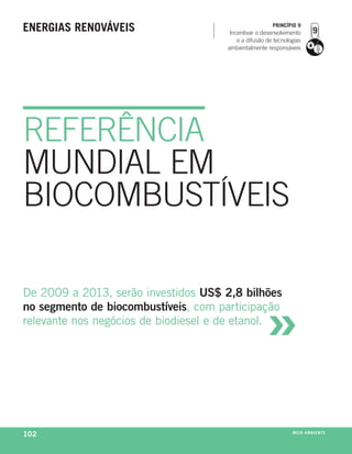 enerGias renovÁveis                                    princípio 9
                                      Incentivar o desenvolvimento
                                         e a difusão de tecnologias
                                     ambientalmente responsáveis




REFERÊNCIA
MUNDIAL EM
BIOCOMBUSTíVEIS



                                                    »
de 2009 a 2013, serão investidos US$ 2,8 bilhões
no segmento de biocombustíveis, com participação
relevante nos negócios de biodiesel e de etanol.




102                                                            m e i o a m b i e nx o
                                                                               ei te
 