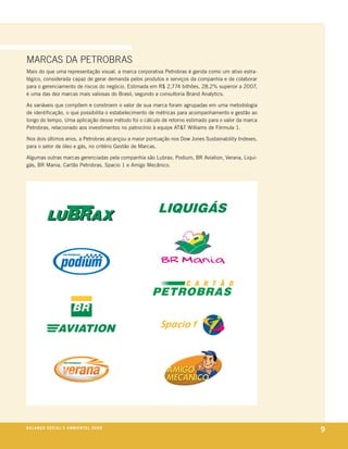 marcaS da petrobraS
mais do que uma representação visual, a marca corporativa petrobras é gerida como um ativo estra-
tégico, considerada capaz de gerar demanda pelos produtos e serviços da companhia e de colaborar
para o gerenciamento de riscos do negócio. estimada em r$ 2,774 bilhões, 28,2% superior a 2007,
é uma das dez marcas mais valiosas do brasil, segundo a consultoria brand analytics.

as variáveis que compõem e constroem o valor de sua marca foram agrupadas em uma metodologia
de identificação, o que possibilita o estabelecimento de métricas para acompanhamento e gestão ao
longo do tempo. uma aplicação desse método foi o cálculo de retorno estimado para o valor da marca
petrobras, relacionado aos investimentos no patrocínio à equipe at&t Williams de fórmula 1.

nos dois últimos anos, a petrobras alcançou a maior pontuação nos dow Jones sustainability indexes,
para o setor de óleo e gás, no critério gestão de marcas.

algumas outras marcas gerenciadas pela companhia são lubrax, podium, br aviation, verana, liqui-
gás, br mania, cartão petrobras, spacio 1 e amigo mecânico.




be anço s an al
r a l at ó r i o o c iu a le 2a m b i e n ta l 2 0 0 8
                              008
                                                                                                      9
 