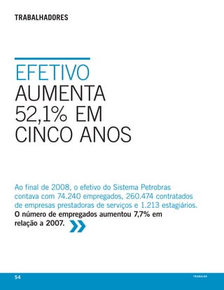 trabalhadores




EFETIVO
AUMENTA
52,1% EM
CINCO ANOS

ao final de 2008, o efetivo do Sistema Petrobras
contava com 74.240 empregados, 260.474 contratados



                »
de empresas prestadoras de serviços e 1.213 estagiários.
O número de empregados aumentou 7,7% em
relação a 2007.




54                                                    t r a ba lxo
                                                             ei h
 