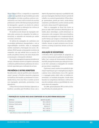 No seu Código de Ética, a companhia se compromete          objetivo de proporcionar segurança e qualidade de vida
a promover a igualdade de oportunidades para todos         para seus empregados e familiares durante o período de
os empregados, em todas as políticas, práticas e pro-      trabalho e na ocasião da aposentadoria. O Plano abran-
cedimentos; usar como critério exclusivo de ascensão       ge: aposentadoria, pensão por morte, auxílio-doença
profissional o mérito individual pautado pela aferição     acidentário e previdenciário e auxílio-reclusão; pecúlio
de desempenho; e garantir seu direito de conhecer          por morte e abono anual (13º suplementação).
e estar representado na elaboração dos critérios de            Todos os empregados no Brasil têm direito ao
avaliação e progressão funcional.                          plano de saúde AMS (Assistência Multidisciplinar de
    Os membros da alta direção são empregados indi-        Saúde), plano odontológico, auxílio-alimentação ou
cados pelos acionistas da companhia. No âmbito in-         restaurante e vale-transporte. Entre outros benefícios
ternacional, as admissões são realizadas por análise       oferecidos aos empregados está a complementação do
curricular e entrevistas.                                  auxílio-doença, que assegura a remuneração integral
    Os salários dos empregados são condizentes com         do empregado ausente em decorrência de acidente de
as atividades profissionais desempenhadas e com as         trabalho, durante os quatro primeiros anos de afas-
responsabilidades envolvidas. Todos os empregados          tamento, ou doença ocupacional, durante os três pri-
recebem anualmente a Participação nos Lucros e Re-         meiros anos.
sultados (PLR), baseada no desempenho econômico da
companhia, caso seja auferido lucro no exercício. De       avaliação de desemPenho
acordo com políticas internas, não existe relação entre    A Petrobras oferece oportunidades de progressão na
a remuneração e o desempenho individual.                   carreira e remuneração nos padrões do mercado de tra-
    No caso dos empregados de empresas prestadoras de      balho. Com o sistema de Gerenciamento de Desempe-
serviços, a Petrobras incentiva as empresas contratadas    nho (GD), principal ferramenta para indicação de avan-
a utilizarem preferencialmente profissionais do merca-     ço de nível e promoção, os empregados são avaliados
do local, capacitados para a realização dos serviços.      por suas metas e competências.
                                                               O processo é anual e analisa a necessidade de capa-
Previdência e outros benefícios                            citação requerida para que o empregado possa adquirir
Reconhecendo o valor do equilíbrio entre vida profis-      e praticar novos conhecimentos. Com o GD, o gerente
sional e pessoal, a Petrobras desenvolve programas         e o empregado podem refletir sobre os trabalhos de-
de benefícios direcionados ao atendimento de neces-        senvolvidos e os resultados alcançados, criando metas
sidades básicas, bem-estar físico e também social de       baseadas nas competências individuais e coletivas. Por
seus empregados, aposentados, pensionistas e seus          meio dos resultados, avalia-se a possibilidade de cresci-
dependentes.                                               mento dentro da companhia.
    O Plano Petros do Sistema Petrobras suplementa os          Em 2008, aproximadamente 99% do efetivo do Sis-
benefícios concedidos pela Previdência Social, com o       tema Petrobras foi avaliado pelo GD.




    ProPorção do salÁrio mais baixo comParado ao salÁrio mínimo brasileiro*

    EmPrESa                                               mEnor SalárIo                                         %
    Petrobras Controladora                                   R$ 1.539,43                                     3,71
    Petrobras Distribuidora                                  R$ 1.318,30                                     3,18
    Liquigás                                                   R$ 619,27                                     1,49
    Transpetro                                               R$ 1.318,00                                     3,18
    Petroquisa                                               R$ 1.394,16                                     3,36
*    Salário mínimo no brasil em 2008: r$ 415,00




b a l a n ç o s o c i a l e a m b i e n ta l 2 0 0 8
                                                                                                                       61
 