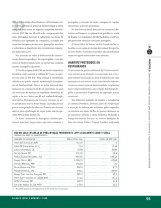 O Projeto Estratégico Excelência em SMS estabelece ob-                 protegidas, a exemplo de baías, manguezais, regiões
jetivos relacionados à gestão de biodiversidade a serem                estuarinas e a floresta amazônica.
atingidos pelas áreas de negócio e empresas subsidiá-                      Na área internacional, destacam-se os ativos da Pe-
rias até 2015. São eles: identificação e mapeamento das                trobras no Paraguai, a exploração de petróleo na costa
áreas protegidas, sensíveis e vulneráveis nas áreas de                 de Angola e as instalações de E&P na Bolívia e no Peru,
influência das operações da companhia, avaliação dos                   por possuírem interface com áreas protegidas.
impactos das operações em áreas protegidas, sensíveis                      A Usina Eólica de Macau, no Rio Grande do Norte,
e vulneráveis e diagnóstico dos ecossistemas impacta-                  localiza-se em região de elevada diversidade de espécies
dos pelas operações.                                                   de aves. Porém, os estudos realizados não identificaram
    Nas unidades de refino e fertilizantes do Abasteci-                impactos significativos sobre esses animais.
mento, foram mapeadas as áreas protegidas e com alto




                                                                                                                                  princípio 8 Desenvolver iniciativas e práticas para promover e disseminar a responsabilidade socioambiental
índice de biodiversidade, tanto no interior das unidades               Habitats proteGidos ou
quanto nas regiões adjacentes.                                         restaurados
    A Petrobras opera desde 1988 na floresta amazônica                 Os processos de gestão ambiental da Petrobras envol-
brasileira, onde mantém a unidade de Urucu, ocupan-                    vem iniciativas de proteção e recuperação dos princi-
do uma área de 500 km2. Esta unidade é considerada                     pais habitats localizados na área de influência de suas
referência no que diz respeito à preservação e recupera-               operações ou em outros locais considerados relevan-
ção de biodiversidade. Dentre as ações desenvolvidas,                  tes para a conservação da biodiversidade. Ao planejar
destacam-se a manutenção de um orquidário, no qual                     novos empreendimentos, são evitados habitats prote-
são estudadas 80 espécies de orquídeas e bromélias da                  gidos e preservados fragmentos de vegetação nativa
região, e de um viveiro com 86 mil mudas de 60 espé-                   existentes.
cies nativas. O programa de replantio intensivo no ati-                    Nas diferentes unidades de negócio e subsidiárias
vo ultrapassa o marco de mil mudas plantadas por dia                   do Sistema Petrobras, diversas ações de recuperação
para a recomposição da cobertura florestal em clareiras                e proteção de habitats são realizadas pela companhia
abertas para a perfuração de poços, tendo sido recupe-                 ou recebem seu apoio. No Rio de Janeiro, destacam-se
rados 90% da área desmatada.                                           as iniciativas voltadas à Mata Atlântica, incluindo o
    Os dutos e terminais da Transpetro também apre-                    Parque Nacional do Itatiaia e as reservas biológicas de
sentam interfaces importantes com áreas sensíveis e                    Poço das Antas, União e Tinguá. Também está sendo



     uso do solo em Áreas de preservação permanente (app) leGalmente constituídas
     Unidades da Área de abasteCimento

     Unidade de negóCio                                               Área total (ha)                    total de app (ha)
     Fafen-BA (Camaçari, BA)                                                    42,34                                      0
     Fafen-SE (Laranjeiras, SE)                                                   72,4                                 8,34
     Lubnor (Fortaleza, CE)                                                      37,99                                37,99
     Recap (Mauá, SP)                                                          335,35                                  54,9
     Reduc (Duque de Caxias, RJ)                                               990,55                                433,12
     Regap (Betim, MG)                                                       1.096,19                                167,04
     Reman (Manaus, AM)                                                        159,99                                    20
     Repar (Araucária, PR)                                                      990,4                                   47,1
     Replan (Paulínia, SP)                                                      940,1                                 38,03
     Revap (São José dos Campos, SP)                                            981,2                                  42,2
     Rlam (São Francisco do Conde, BA)                                           671,1                                190,1
     RPBC (Cubatão, SP)                                                         682,9                                   97,3
     SIX (São Mateus do Sul, PR)(1)                                             1.504                                   15,6
1)    resultado preliminar. o mapeamento da siX ainda não foi concluído.




be anço s an al
r a l at ó r i o o c iu a le 2a m b i e n ta l 2 0 0 8
                              008
                                                                                                                                  95
 