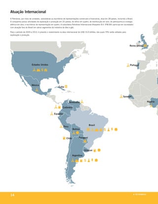 Atuação Internacional
a petrobras, por meio de unidades, subsidiárias ou escritórios de representações comerciais e financeiras, atua em 28 países, incluindo o brasil.
a companhia possui atividades de exploração e produção em 20 países; de refino em quatro; de distribuição em seis; de petroquímica e energia
elétrica em dois; e escritórios de representação em quatro. a subsidiária petrobras internacional braspetro b.v. (pib bv) participa em sociedades
com atuação fora do brasil em vários segmentos da indústria de óleo e gás.

para o período de 2009 a 2013, é previsto o investimento na área internacional de us$ 15,9 bilhões, dos quais 79% serão voltados para
exploração e produção.




                                                                                                                                            Reino Unido




                         Estados Unidos                                                                                                      Portugal




                         México
                                                         Cuba



                                                                                                                                    Senegal

                                                                     Venezuela                                                                                           Nigéria

                                                             Colômbia

                                                   Equador



                                                                                            Brasil
                                                              Peru
                                                                          Bolívia


                                                                  Chile         Paraguai




                                                                                      Uruguai

                                                                          Argentina




14                                                                                                                                                  a p e t r o b rx o
                                                                                                                                                                 ei as
 