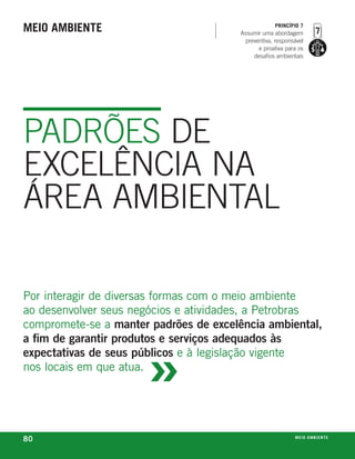 meio ambiente                                       princípio 7
                                       Assumir uma abordagem
                                        preventiva, responsável
                                             e proativa para os
                                           desafios ambientais




PADRÕES DE
EXCELÊNCIA NA
ÁREA AMBIENTAL

por interagir de diversas formas com o meio ambiente
ao desenvolver seus negócios e atividades, a petrobras
compromete-se a manter padrões de excelência ambiental,



                      »
a fim de garantir produtos e serviços adequados às
expectativas de seus públicos e à legislação vigente
nos locais em que atua.




80                                                         m e i o a m b i e nx o
                                                                           ei te
 