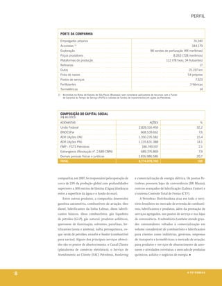 perfil


         porte da companhia

         empregados próprios                                                                                                    74.240
         acionistas (1)                                                                                                       344.179
         exploração                                                                        86 sondas de perfuração (48 marítimas)
         poços produtores                                                                                       8.263 (728 marítimos)
         plataformas de produção                                                                         112 (78 fixas; 34 flutuantes)
         refinarias                                                                                                                   17
         dutos                                                                                                             25.197 km
         frota de navios                                                                                                  54 próprios
         postos de serviços                                                                                                       7.323
         fertilizantes                                                                                                      3 fábricas
         termelétricas                                                                                                                14
    1)     acionistas na bolsa de valores de são paulo (bovespa), sem considerar aplicadores de recursos com o fundo
           de garantia do tempo de serviço (fgts) e cotistas de fundos de investimentos em ações da petrobras.




         composição do capital social
         (r$ milhões)

         acionistas                                                                       ações                                       %
         união federal                                                          2.826.516.456                                      32,2
         bndeSpar                                                                 668.539.662                                        7,6
         adr (ações on)                                                         1.350.276.582                                      15,4
         adr (ações pn)                                                         1.235.631.388                                      14,1
         fmp - fgtS petrobras                                                      186.749.197                                       2,1
         estrangeiros (resolução nº. 2.689 cmn)                                   689.376.869                                        7,9
         demais pessoas físicas e jurídicas                                     1.816.986.586                                      20,7
         total                                                                  8.774.076.740                                       100




    companhia, em 2007, foi responsável pela operação de                     e comercialização de energia elétrica. Os postos Pe-
    cerca de 23% da produção global com profundidades                        trobras possuem lojas de conveniência (BR Mania),
    superiores a 300 metros de lâmina d’água (distância                      centros avançados de lubrificação (Lubrax Center) e
    entre a superfície da água e o fundo do mar).                            o sistema Controle Total de Frotas (CTF).
        Entre outros produtos, a companhia desenvolve                            A Petrobras Distribuidora atua em todo o terri-
    gasolina automotiva, combustíveis de aviação, óleo                       tório brasileiro no mercado de revenda de combustí-
    diesel, lubrificantes da linha Lubrax, óleos lubrifi-                    veis, lubrificantes e produtos, além da prestação de
    cantes básicos, óleos combustíveis, gás liquefeito                       serviços agregados, nos postos de serviço e nas lojas
    de petróleo (GLP), gás natural, produtos asfálticos,                     de conveniência. A subsidiária também atende gran-
    querosene de iluminação, solventes, parafinas, fer-                      des consumidores voltados à comercialização em
    tilizantes (ureia e amônia), nafta petroquímica, co-                     volume considerável de combustíveis e lubrificantes
    que verde de petróleo, enxofre e bunker (combustível                     para clientes como indústrias, governos, empresas
    para navios). Alguns dos principais serviços ofereci-                    de transporte e termelétricas; o mercado de aviação,
    dos são os postos de abastecimento, o Canal Cliente                      para produtos e serviços de abastecimento de aero-
    (plataforma de comércio eletrônico), o Serviço de                        naves e atividades correlatas; o mercado de produtos
    Atendimento ao Cliente (SAC) Petrobras, bunkering                        químicos; asfalto; e negócios de energia. ■




8                                                                                                                         a p e t r o b rx o
                                                                                                                                       ei as
 