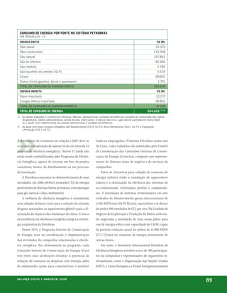 consumo de enerGia por fonte no sistema petrobras
     (em terajoUles - tj)

     enerGia direta                                                                                                              r$ mil
     Óleo diesel                                                                                                                23.323
     Óleo combustível                                                                                                          123.358
     Gás natural                                                                                                               257.843
     Gás de refinaria                                                                                                           81.956
     Gás residual                                                                                                                2.290
     Gás liquefeito de petróleo (GLP)                                                                                            3.534
     Coque                                                                                                                      69.601
     Outros (inclui gasolina, álcool e querosene)                                                                                1.701
     total de ConsUmo de energia direta                                                                                        536.606
     enerGia indireta                                                                                                            r$ mil
     Vapor importado                                                                                                            12.173
     Energia elétrica importada                                                                                                 28.855
     total de ConsUmo de energia indireta                                                                                       41.028
     total de consumo de enerGia                                                                                       604.633 (1) (2)
1)    os valores englobam o consumo em refinarias, fábricas, petroquímicas, unidades termelétricas, estações de compressão das malhas
      de gasodutos, prédios administrativos, postos escolas, entre outros. o cálculo não inclui o gás natural queimado em tocha (flare)
      ou o usado como matéria-prima nas plantas petroquímicas e unidades termelétricas.
2)    as áreas com maior consumo energético são abastecimento (257,6 mil tj), Área internacional (144,7 mil tj) e exploração
      e produção (142,1 mil tj).



A diminuição de economia em relação a 2007 deve-se                      todos os empregados. O Sistema Petrobras conta com
à entrada em operação de apenas 16 de um total de 53                    36 Cices, cujos trabalhos são orientados pelo Comitê
projetos de eficiência energética. Outros 37 ainda não                  de Coordenação das Comissões Internas de Conser-
estão sendo contabilizados pelo Programa de Eficiên-                    vação de Energia (Comcice), composto por represen-
cia Energética, apesar de estarem em fase de projeto                    tantes de diversas áreas de negócio e de serviços da
conceitual, básico, de detalhamento ou em processo                      companhia.
de instalação.                                                              Entre as iniciativas para redução do consumo de
    A Petrobras consumiu no desenvolvimento de suas                     energia indireta estão a instalação de aquecedores
atividades, em 2008, 604.633 terajoules (TJ) de energia                 solares e a otimização da eficiência dos sistemas de
proveniente de diversas fontes primárias, com destaque                  ar-condicionado, iluminação predial e computado-
para gás natural e óleo combustível.                                    res. A instalação de sistemas termossolares em sete
    A melhoria da eficiência energética é considerada                   unidades do Abastecimento gerou uma economia de
uma solução de baixo custo para a redução da emissão                    2.885 MWh/ano (10,39 TJ/ano), equivalente a se deixar
de gases associados ao aquecimento global e para a di-                  de emitir 296 toneladas de CO2 por ano. Na Unidade de
minuição do impacto das mudanças do clima. A busca                      Negócio de Exploração e Produção da Bahia, está sen-
da excelência em eficiência energética integra a estraté-               do negociada a instalação de uma usina piloto para
gia corporativa da Petrobras.                                           uso de energia eólica com capacidade de 5 MW, capaz
    Desde 1974, o Programa Interno de Conservação                       de permitir redução anual da ordem de 15.900 MWh
de Energia atua na coordenação e implementação                          (57,2 TJ/ano) no consumo de energia proveniente de
das atividades da companhia relacionadas à eficiên-                     outras fontes.
cia energética. Em alinhamento ao programa, cada                            Em maio, o Seminário Internacional Petrobras de
Comissão Interna de Conservação de Energia (Cice)                       Eficiência Energética envolveu cerca de 400 participan-
tem entre suas atribuições levantar o potencial de                      tes da companhia e representantes de organismos in-
redução de consumo ou despesas com energia, além                        ternacionais, como a Organização das Nações Unidas
de empreender ações para conscientizar e envolver                       (ONU), a União Europeia e o Painel Intergovernamental


be anço s an al
r a l at ó r i o o c iu a le 2a m b i e n ta l 2 0 0 8
                              008
                                                                                                                                          89
 