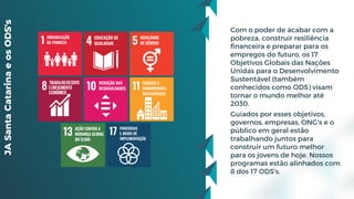 JA
Santa
Catarina
e
os
ODS's
Com o poder de acabar com a
pobreza, construir resiliência
financeira e preparar para os
empregos do futuro, os 17
Objetivos Globais das Nações
Unidas para o Desenvolvimento
Sustentável (também
conhecidos como ODS) visam
tornar o mundo melhor até
2030.
Guiados por esses objetivos,
governos, empresas, ONG's e o
público em geral estão
trabalhando juntos para
construir um futuro melhor
para os jovens de hoje. Nossos
programas estão alinhados com
8 dos 17 ODS's.
 