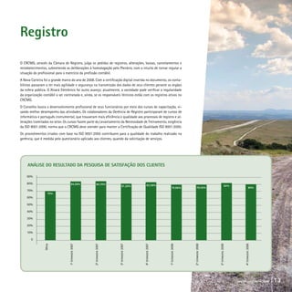 Registro
O CRCMG, através da Câmara de Registro, julga os pedidos de registros, alterações, baixas, cancelamentos e
restabelecimentos, submetendo as deliberações à homologação pelo Plenário, com o intuito de tornar regular a
situação do profissional para o exercício da profissão contábil.
A Nova Carteira foi o grande marco do ano de 2008. Com a certificação digital inserida no documento, os conta-
bilistas passaram a ter mais agilidade e segurança na transmissão dos dados de seus clientes perante os órgãos
da esfera pública. O Alvará Eletrônico foi outro avanço; atualmente, a sociedade pode verificar a regularidade
da organização contábil a ser contratada e, ainda, se os responsáveis técnicos estão com os registros ativos no
CRCMG.
O Conselho busca o desenvolvimento profissional de seus funcionários por meio dos cursos de capacitação, vi-
sando melhor desempenho das atividades. Os colaboradores da Gerência de Registro participaram de cursos de
informática e português instrumental, que trouxeram mais eficiência e qualidade aos processos de registro e al-
terações tramitados no setor. Os cursos fazem parte do Levantamento da Necessidade de Treinamento, exigência
da ISO 9001:2000, norma que o CRCMG deve atender para manter a Certificação de Qualidade ISO 9001:2000.
Os procedimentos criados com base na ISO 9001:2000 contribuem para a qualidade do trabalho realizado na
gerência, que é medida pelo questionário aplicado aos clientes, quando da solicitação de serviços.
ANÁLISE DO RESULTADO DA PESQUISA DE SATISFAÇÃO DOS CLIENTES
	 90%	 ............................................................................................................................................................................................................................................................................................................................................................................................
	 80%	 ............................................................................................................................................................................................................................................................................................................................................................................................
	 70%	 ............................................................................................................................................................................................................................................................................................................................................................................................
	 60%	 ............................................................................................................................................................................................................................................................................................................................................................................................
	 50%	 ............................................................................................................................................................................................................................................................................................................................................................................................
	 40%	 ............................................................................................................................................................................................................................................................................................................................................................................................
	 30%	 ............................................................................................................................................................................................................................................................................................................................................................................................
	 20%	 ............................................................................................................................................................................................................................................................................................................................................................................................
	 10%	 ............................................................................................................................................................................................................................................................................................................................................................................................
	 0	 ............................................................................................................................................................................................................................................................................................................................................................................................
Meta
10
trimestre2007
20
trimestre2007
30
trimestre2007
40
trimestre2007
10
trimestre2008
20
trimestre2008
30
trimestre2008
40
trimestre2008
70%
84,26% 84,70%
81,50% 83,58%
80%
82%
79,45%79,96%
crcmg balanço social 2008 13
 