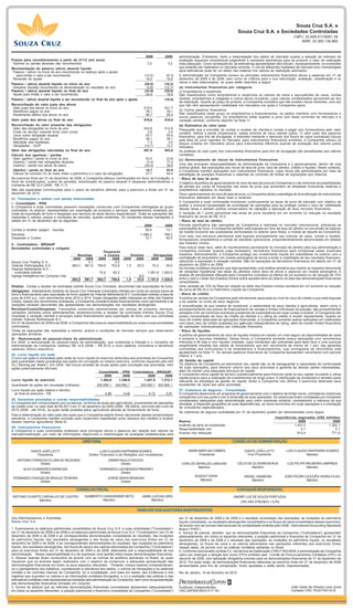 Souza Cruz S.A. e
                                                                                                                                                                Souza Cruz S.A. e Sociedades Controladas
                                                                                                                                                                                                      CNPJ 33.009.911/0001-39
                                                                                                                                                                                                         NIRE 33.300.136.860



                                                                                              2009           2008     administração. Entretanto, tanto a interpretação dos dados de mercado quanto a seleção de métodos de
Prazos para reconhecimento a partir de 31/12 (em anos)                                                                avaliação requerem considerável julgamento e razoáveis estimativas para se produzir o valor de realização
 Ganhos ou perdas atuariais não reconhecidos                                                   3,0             3,2    mais adequado. Como consequência, as estimativas apresentadas não indicam, necessariamente, os montantes
Movimentação do passivo (ativo) atuarial líquido                                                                      que poderão ser realizados no mercado corrente. O uso de diferentes hipóteses de mercado e/ou metodologias
 Passivo / (ativo) no início do ano reconhecido no balanço após o ajuste                                              para estimativas pode ter um efeito não material nos valores de realização estimados.
   para limitar o valor a ser reconhecido                                                     (10,5)          (6,3)   A administração da Companhia revisou os principais instrumentos financeiros ativos e passivos em 31 de
 Reversão do ajuste                                                                            18,5           10,0    dezembro de 2009 e de 2008, bem como os critérios para a sua valorização, avaliação, classificação e os
                                                                                                                      riscos a eles relacionados, os quais estão descritos a seguir:
Passivo / (ativo) atuarial líquido no início do ano                                           (29,0)         (16,3)
 Despesa (receita) reconhecida na demonstração do resultado do ano                             (5,9)         (12,7)   (a) Instrumentos financeiros por categoria:
Passivo / (ativo) atuarial líquido no final do ano                                            (34,9)         (29,0)   (i) Empréstimos e recebíveis
 Ajuste para limitar o valor a ser reconhecido                                                 34,9           18,5    São classificados como empréstimos e recebíveis os valores de caixa e equivalentes de caixa, contas
Passivo / (ativo) atuarial líquido a ser reconhecido no final do ano após o ajuste                -          (10,5)   receber, empréstimos a coligadas e outros ativos circulante, cujos valores contabilizados aproximam-se dos
                                                                                                                      de realização. Quanto ao preço do produto, a Companhia considera que não existem riscos inerentes, uma vez
Reconciliação do valor justo dos ativos                                                                               que não vêm apresentando volatilidade nos mercados nos quais a Companhia opera.
 Valor justo dos ativos no início do ano                                                      519,0          531,7
 Benefícios pagos no ano                                                                       39,1           39,1    (ii) Outros passivos financeiros
 Rendimento efetivo dos ativos no ano                                                          96,7           26,4    São classificados neste grupo os empréstimos e financiamentos, os saldos mantidos com fornecedores e
                                                                                                                      outros passivos circulantes. Os empréstimos estão sujeitos a juros com taxas correntes de mercado e à
Valor justo dos ativos no final do ano                                                        576,6          519,0    variação cambial, conforme descrito na Nota 11.
Reconciliação do valor presente das obrigações                                                                        (b) Estimativa do valor justo
  Valor das obrigações no início do ano                                              543,6         512,9              Pressupõe que a provisão de contas a receber de clientes,e contas a pagar aos fornecedores pelo valor
  Custo do serviço corrente bruto (com juros)                                          2,8           2,0              contábil, menos a perda (impairment), esteja próxima de seus valores justos. O valor justo dos passivos
  Juros sobre obrigação atuarial                                                      53,7          50,6              financeiros, para fins de divulgação, é estimado mediante o desconto dos fluxos de caixa contratuais futuros
  Benefícios pagos no ano                                                             39,1          39,1              pela taxa de juros vigentes no mercado, para instrumentos financeiros similares. A Companhia utilizou os
  Alteração das hipóteses                                                              7,3           3,5              preços cotados em mercados ativos para instrumentos idênticos quando da avaliação dos valores justos
  Obrigações - (G)/P                                                                 (10,7)         13,7              utilizados.
Valor das obrigações calculadas no final do ano                                      557,6         543,6              As análises do valor justo dos instrumentos financeiros para fins de divulgação são semelhantes aos valores
Cálculo dos (ganhos) / perdas                                                                                         contábeis.
  Valor (ganho) / perda no início do ano                                              53,5          (2,6)             (c) Gerenciamento de riscos de instrumentos financeiros
  (Ganho) / perda nas obrigações atuariais                                            (3,4)         17,2
  (Ganho) / perda nos ativos do plano                                                (34,4)         38,9              Uma das principais responsabilidades da administração da Companhia é o gerenciamento, dentro de uma
                                                                                                                      política global, das exposições aos riscos de taxa de juros, taxa de câmbio, crédito e liquidez. Neste contexto,
  (Ganho) / perda no final do ano                                                     15,7          53,5              a Companhia mantém operações com instrumentos financeiros, cujos riscos são administrados por meio de
  Cálculo do corredor (% do maior entre o patrimônio e o valor da obrigação)          57,7          54,4              estratégias de posições financeiras e sistemas de controles de limites de exposições aos mesmos.
No exercício findo em 31 de dezembro de 2009, a Companhia efetuou contribuições em favor da Fundação, a               • Risco de taxa de juros
título de contribuições, custos de pensões, amortização do passivo atuarial e despesas administrativas o              O objetivo da política de gerenciamento do risco de taxa de juros da Companhia é o de minimizar as possibilidades
montante de R$ 12,4 (2008 - R$ 11,7).                                                                                 de perdas por conta de flutuações nas taxas de juros que aumentem as despesas financeiras relativas a
Não são esperadas contribuições para o plano de benefício definido para o exercício a findar em 31 de                 empréstimos captados no mercado.
dezembro de 2010.                                                                                                     Para o gerenciamento do risco de taxa de juros, a Companhia adota a estratégia de diversificação de instrumentos
23. Transações e saldos com partes relacionadas                                                                       financeiros lastreado em taxas fixas e variáveis.
I - Consolidado - IFRS                                                                                                A Companhia e suas controladas monitoram continuamente as taxas de juros de mercado com objetivo de
A Companhia e suas controladas possuem transações comerciais com Companhias interligadas ao grupo                     avaliar a eventual necessidade de contratação de operações para se proteger contra o risco de volatilidade
controlador no exterior, representadas por exportação de produtos e serviços, adiantamentos recebidos por             dessas taxas e adotam política conservadora de captação e aplicação de seus recursos financeiros.
conta de exportação de fumo e despesas com serviços de apoio técnico especializado. Todas as operações são            A variação de 1 ponto percentual nas taxas de juros resultaria em um aumento ou redução no resultado
realizadas a valores, prazos e condições de mercado, quando existentes. Os montantes dessas transações e              financeiro de cerca de R$ 10,3.
saldos em 31 de dezembro são os seguintes:                                                                            • Risco de taxa de câmbio
                                                                                        2009         2008             Parcela significativa das operações da Companhia é realizada no mercado internacional, sobretudo as
Contas a receber (pagar) - líquidas                                                     36,6         13,1             exportações de fumo. A Companhia também está exposta ao risco de taxa de câmbio na conversão de balanço
                                                                                                                      da moeda funcional das subsidiárias domiciliadas no exterior para Reais, a moeda de reporte da Companhia.
Receitas                                                                             1.086,2        766,2
                                                                                                                      Com isso, sua estrutura patrimonial está exposta principalmente nas rubricas de caixa, contas a receber,
Despesas e Custos                                                                       72,1         42,5
                                                                                                                      fornecedores, empréstimos e contas de resultado operacional, preponderantemente denominadas em dólares
II - Controladora - BRGAAP                                                                                            dos Estados Unidos.
Sociedades controladas e coligada                                                                                     Para reduzir esse risco, além do monitoramento permanente do mercado de câmbio pela sua administração a
                                                                 Despesas                                             Companhia contrata, quando julga necessário, derivativos financeiros para compensar esses eventuais
                                               Receitas          e Custos         Direitos         Obrigações         impactos. Adicionalmente, a Companhia protege seu investimento líquido em subsidiárias no exterior com a
                                             2009  2008       2009    2008    2009   2008         2009   2008         contratação de empréstimo em moeda estrangeira de forma a evitar a volatilidade de seu resultado financeiro,
Souza Cruz Trading S. A.                        -    0,1         -     0,2                                            reduzindo a exposição à variação cambial. Não há operações de derivativos financeiros em aberto em 31 de
Yolanda Participações S.A.                  883,0 861,6      790,5   703,8     1,5     25,0           70,2    35,0    dezembro de 2009 e de 2008.
Yolanda Netherlands B.V. -                                                                                            As normas contábeis requerem que seja apresentado uma análise sensitiva que mostre os impactos decorrente
  controlada indireta                           -        -    74,2     82,0      -        -     1.081,6 1.393,0       de variações hipotéticas nas taxas de câmbios sobre itens de ativos e passivos em moeda estrangeira. A
Agrega Inteligência em Compras Ltda.            -        -       -        -      -      8,0           -       -       análise de sensibilidade efetuada pela Companhia considera os efeitos de um aumento ou de redução de 10%
                                            883,0    861,7   864,7    786,0    1,5     33,0     1.151,8 1.428,0       entre o real e o dólar dos Estados Unidos sobre aqueles itens em aberto na data das demonstrações financeiras
                                                                                                                      consolidadas.
Direitos: Contas a receber da controlada indireta Souza Cruz Overseas, decorrentes das exportações de fumo.           Uma variação de 10% do Real em relação ao dólar dos Estados Unidos resultaria em um aumento ou redução
Obrigações: Adiantamento recebido da Souza Cruz Overseas (controlada indireta) por conta de compra futura de          de cerca de R$ 24,2 no Patrimônio Líquido da Companhia.
fumo e financiamento para exportação de fumo captado da Yolanda Netherlands B.V. (controlada indireta) à taxa de      • Risco de crédito
juros de 6,8% a.a., com vencimentos entre 2010 e 2014. Essas obrigações estão indexadas ao dólar dos Estados          A política de vendas da Companhia está intimamente associada ao nível de risco de crédito a que está disposta
Unidos. Apesar dos vencimentos contratuais, a Companhia considera esses financiamentos como permanente e as           a se sujeitar no curso de seus negócios.
variações cambiais decorrentes são apresentadas nas demonstrações dos resultados abrangentes.                         A diversificação de sua carteira de recebíveis, a seletividade de seus clientes e agricultores, assim como o
Receitas/Custos/Despesas: Transações comerciais representadas por vendas de produtos, serviços,                       acompanhamento dos prazos de financiamento de vendas e limites individuais de posição, são procedimentos
variações cambiais sobre adiantamentos recebidos/contas a receber da controlada indireta Souza Cruz                   adotados a fim de minimizar eventuais problemas de inadimplência em suas contas a receber. A Companhia não
Overseas e variação cambial e encargos sobre financiamento para exportação de fumo com sua controlada                 possui concentração de risco de crédito de clientes e o rating de crédito é revisto regularmente. Quanto ao
indireta Yolanda Netherlands B.V..                                                                                    risco de crédito associado às aplicações financeiras, a Companhia somente realiza operações em instituições
Em 31 de dezembro de 2009 e de 2008, a Companhia não possuía responsabilidade por avais a suas sociedades             com baixo risco de crédito avaliadas por agências independentes de rating, além de manter limites financeiros
controladas.                                                                                                          de operações individualizados por instituição financeira.
Todas as operações são realizadas a valores, prazos e condições de mercado sempre que observarem                      • Risco de liquidez
operações similares.                                                                                                  A política de gerenciamento de risco de liquidez implica em manter um nível seguro de disponibilidade de caixa
III - Remuneração do pessoal-chave da administração                                                                   e acessos a recursos imediatos. Dessa forma, a Companhia somente possui aplicações com vencimentos
Em 2009, a remuneração do pessoal-chave da administração, que contempla a Direção e o Conselho de                     inferiores a 90 dias e com liquidez imediata, cujos montantes são suficientes para fazer face a uma eventual
Administração da Companhia, totalizou R$ 14,9 (2008 – R$ 20,4) e inclui salários, honorários e benefícios             exigibilidade imediata dos saldos de fornecedores que tem vencimento de menos de 1 ano, das garantias
variáveis (bônus executivo).                                                                                          concedidas aos fumicultores e de empréstimos e financiamentos, cujo cronograma de vencimento está
                                                                                                                      apresentado na Nota 11. Os demais passivos financeiros da Companhia apresentam vencimento com período
24. Lucro líquido por ação                                                                                            inferior a 1 ano.
O lucro por ação é computado pela razão do lucro líquido do exercício atribuídos aos acionistas da Companhia
pela quantidade média ponderada das ações em circulação no mesmo exercício, conforme requerido pelo IAS               (d) Gestão de capital
33 (“Earning per Share”). Em 2009, não houve emissão de novas ações para circulação aos acionistas, nem               Os objetivos da Companhia ao administrar seu capital são os de salvaguardar a capacidade de continuidade
ações potencialmente diluíveis.                                                                                       de suas operações, para oferecer retorno aos seus acionistas e garantia às demais partes interessadas,
                                                           Consolidado - IFRS Controladora - BRGAAP                   além de manter uma adequada estrutura de capital.
                                                              2009          2008             2009      2008           A Companhia utiliza capital de terceiro substancialmente para financiar parte do seu capital circulante e utiliza
                                                                                                                      capital próprio para a realização de investimentos de longo prazo. A distribuição de dividendos é também parte
Lucro líquido do exercício                                  1.484,9      1.249,6          1.447,0    1.212,1          relevante da estratégia de gestão de capital, tendo a Companhia nos últimos 3 exercícios destinado seus
Quantidade de ações em circulação (milhares)                 305.690,1   305.690,1       305.690,1 305.690,1          excedentes de caixa aos seus acionistas.
Lucro líquido por ação (básico e diluído)                                                                             27. Cobertura de Seguros - Consolidado
  ao final do exercício - R$                                      4,86        4,09              4,73          3,97    A Companhia desenvolve um programa de gerenciamento com o objetivo de limitar riscos, contratando coberturas
                                                                                                                      compatíveis com seu porte e com a dimensão de suas operações. As coberturas foram contratadas por montantes
25. Garantias prestadas e outras responsabilidades                                                                    considerados adequados pela administração para cobrir eventuais sinistros, considerando a natureza da sua
A Companhia tem compromissos com os bancos, na forma de avais aos agricultores, provenientes de operações             atividade, a dispersão geográfica de suas dependências, os riscos envolvidos em suas operações e a orientação
de crédito rural, no valor total de R$ 257,3 em 31 de dezembro de 2009 (2008 - R$ 249,8), vencíveis até o ano de      de consultores especializados.
2015 (2008 - até 2014), as quais serão quitadas pelos agricultores através de fornecimento de fumo.
                                                                                                                      As coberturas de seguros contratadas em 31 de dezembro podem ser demonstradas como segue:
Para a determinação do valor justo dos avais que a Companhia estima honrar decorrente desses compromissos
bancários, a Companhia mantém provisão para impairment classificada como redutora dos créditos a receber                                                                                 Importâncias seguradas (US$ milhões)
desses mesmos agricultores (Nota 6).                                                                                  Ramos                                                                            2009              2008
                                                                                                                      Incêndio de bens do imobilizado                                               1.431,2           1.302,1
26. Instrumentos financeiros
                                                                                                                      Responsabilidade civil                                                            0,1               0,1
A Companhia e suas controladas avaliaram seus principais ativos e passivos em relação aos valores de
mercado/realização, por meio de informações disponíveis e metodologias de avaliação estabelecidas pela                Avarias nos estoques                                                            912,4             771,9

                                                    DIRETORIA                                                                                              CONSELHO DE ADMINISTRAÇÃO

             DANTE JOÃO LETTI                                  LUIS CLAUDIO RAPPARINI SOARES                                MARK MARTIJN COBBEN                     DANTE JOÃO LETTI            LUIS CLAUDIO RAPPARINI SOARES
                Presidente                             Diretor Financeiro e de Relações com Investidores                         Presidente                          Vice-Presidente                        Membro
    ANTONIO FRANCISCO LIMA DE REZENDE                                DIMAR PAULO FROZZA
                Diretor                                                     Diretor                                    CARLOS GERALDO LANGONI                   CÉLIO DE OLIVEIRA BORJA          LUIZ FELIPE PALMEIRA LAMPREIA
                                                                                                                               Membro                                   Membro                               Membro
        ALEX GUIMARÃES BARBOSA                                FERNANDO LUIZ MENDES PINHEIRO
                 Diretor                                                 Diretor
                                                                                                                                 RUDOLF HOHN                       ISRAEL VAINBOIM             JOÃO PEDRO GOUVÊA VIEIRA FILHO
 FERNANDO CHAGAS DE ARAÚJO TEIXEIRA                                  JORGE ARAYA REMAGNI
                                                                                                                                   Membro                              Membro                             Membro
              Diretor                                                       Diretor

                                              CONSELHO FISCAL                                                                                                 CONTADOR RESPONSÁVEL
ANTONIO DUARTE CARVALHO DE CASTRO                   HUMBERTO CASAGRANDE NETO              JAIME LUIZ KALSING                                                ANDRÉ LUIZ DE SOUZA PORTUGAL
             Membro                                          Membro                            Membro
                                                                                                                                                               CRC-MG-076038/O-1 S-RJ

                                                                                       PARECER DOS AUDITORES INDEPENDENTES

Aos Administradores e Acionistas                                                                                      em 31 de dezembro de 2009 e de 2008 e o resultado consolidado das operações, as mutações do patrimônio
Souza Cruz S.A.                                                                                                       líquido consolidado, os resultados abrangentes consolidados e os fluxos de caixa consolidados desses exercícios,
                                                                                                                      de acordo com as normas internacionais de contabilidade emitidas pelo IASB - International Accounting Standards
1. Examinamos os balanços patrimoniais consolidados da Souza Cruz S.A. e suas controladas (“Consolidado”)             Board (“IFRS”).
em 31 de dezembro de 2009 e de 2008 e os balanços patrimoniais da Souza Cruz S.A. (“Controladora”) em 31 de           4. Somos de parecer, também, que as demonstrações financeiras da Companhia (“Controladora”) apresentam
dezembro de 2009 e de 2008 e as correspondentes demonstrações consolidadas do resultado, das mutações                 adequadamente, em todos os aspectos relevantes, a posição patrimonial e financeira da Companhia em 31 de
do patrimônio líquido, dos resultados abrangentes e dos fluxos de caixa dos exercícios findos em 31 de                dezembro de 2009 e de 2008 e o resultado das operações, as mutações do patrimônio líquido, os resultados
dezembro de 2009 e de 2008, e as correspondentes demonstrações do resultado, das mutações do patrimônio               abrangentes, os fluxos de caixa e os valores adicionados nas operações referentes aos exercícios findos
líquido, dos resultados abrangentes, dos fluxos de caixa e dos valores adicionados da Companhia (“Controladora”)      nessas datas, de acordo com as práticas contábeis adotadas no Brasil.
para os exercícios findos em 31 de dezembro de 2009 e de 2008, elaborados sob a responsabilidade de sua               5. Conforme mencionado na Nota 2.2, nos termos da Deliberação CVM nº 603/2009, a administração da Companhia
administração. Nossa responsabilidade é a de expressar uma opinião sobre essas demonstrações financeiras.             optou por antecipar a adoção dos novos CPCs emitidos pelo Comitê de Pronunciamentos Contábeis (CPC) no
2. Nossos exames foram conduzidos de acordo com as normas de auditoria aplicáveis no Brasil, as quais                 decorrer de 2009, com aplicação obrigatória prevista para as demonstrações financeiras de 31 de dezembro de
requerem que os exames sejam realizados com o objetivo de comprovar a adequada apresentação das                       2010. Por essa razão, as demonstrações financeiras referentes ao exercício findo em 31 de dezembro de 2008
demonstrações financeiras em todos os seus aspectos relevantes. Portanto, nossos exames compreenderam:                apresentadas para fins de comparação, foram ajustadas e estão sendo reapresentadas.
(a) o planejamento dos trabalhos, considerando a relevância dos saldos, o volume de transações e os sistemas
contábil e de controles internos da Companhia; (b) a constatação, com base em testes, das evidências e dos            Rio de Janeiro, 10 de fevereiro de 2010
registros que suportam os valores e as informações contábeis divulgados; e (c) a avaliação das práticas e das
estimativas contábeis mais representativas adotadas pela administração da Companhia, bem como da apresentação
das demonstrações financeiras tomadas em conjunto.
3. Somos de parecer que as referidas demonstrações financeiras consolidadas apresentam adequadamente,                 Auditores Independentes                                                       João César de Oliveira Lima Júnior
em todos os aspectos relevantes, a posição patrimonial e financeira consolidada da Companhia (“Consolidado”)          CRC 2SP000160/O-5 “F” RJ                                                      Contador CRC 1RJ077431/O-8
 