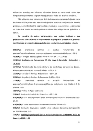 referenciar assuntos que julgamos relevantes. Como se compreende várias das
Perguntas/Requerimentos surgiram na sequência de visitas aos diversos concelhos.
        Não utilizamos este instrumento de trabalho parlamentar para efeitos de mera
estatística de criação da ideia de trabalho aparente e artificial. Em particular, não me
preocupa, nem entendo sério, a apresentação massiva de requerimentos ou perguntas
ao Governo e demais entidades públicas somente com o objectivo de quantificar e
somar.
        Ao contrário de outros parlamentares que tentam justificar a sua
produtividade com o número de requerimentos ou perguntas apresentadas, procura-
se utilizar esta prerrogativa dos deputados com oportunidade, seriedade e eficácia.


5087/XI/1       Orientações     relativas    ao     estatuto     remuneratório       de
gestores/administradores de empresas públicas ou participadas pelo Estado 2.09.10
4578/XI/1 Condições de circulação na Ponte de Fão - EN 13 – 22.07.11
3348/XI/1 Sinalização na Auto-estrada A7 (Vila Nova de Famalicão - Guimarães) –
28.05.10
3347/XI/1 Rentabilização das infra-estruturas de banda larga por parte do Estado.
Poupança em deslocações e comunicações – 28.05.2010
2370/XI/1 Situação da Restinga de Esposende – 15.04.10
2370/XI/1 Situação da Restinga de Esposende de 15.04.2010
2236/XI/1       Orientações     relativas    ao     estatuto     remuneratório       de
gestores/administradores de empresas públicas ou participadas pelo Estado de 7 de
Abril de 2010
1914/XI/2 Política de Apoio ao Cinema
916/XI/2 Receitas das Instituições Financeiras – 15.11.10
829/AC/XI/1 Grau de cumprimento da Lei da Interrupção Voluntária da Gravidez 2010-
07-22
828/AC/XI/1 Saúde Reprodutiva e Planeamento Familiar 2010-07-22
818/XI/1 Conclusões do grupo de trabalho sobre a situação da restinga de Esposende
de 8 de Janeiro de 2010
738/XI/2 Habilitação profissional para a docência/Decreto-lei nº 43/2007, de 22 de
Fevereiro 2010-11-05

                                                                                     11
 