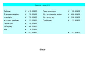                                 Balans per 1 januari 2010  
Gebouw  €    410.000,00  Eigen vermogen  €    180.000,00 
Transportmiddelen  €      70.000,00  6% Hypothecaire lening  €    220.000,00 
Inventaris  €    170.000,00  8% Lening o/g  €    200.000,00 
Voorraad goederen  €      35.000,00  Crediteuren  €    153.000,00 
Debiteuren  €      20.000,00     
ING-groep  €      40.000,00     
Kas  €        8.000,00     
   €    753.000,00     €    753.000,00 
Einde
 