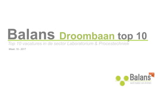Balans Droombaan top 10
Top 10 vacatures in de sector Laboratorium & Procestechniek
Week: 19 - 2017
 